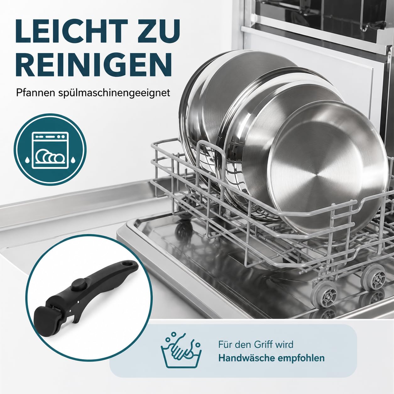 MICHELANGELO Edelstahl Pfannenset 3-teilig mit abnehmbarem Griff, platzsparend stapelbare Bratpfannen, ohne Beschichtung, induktionsgeeignet, 20/24/28 cm