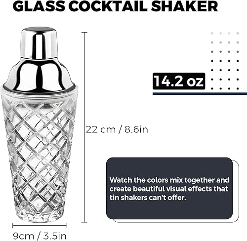 Miniatura 2 de Kit de coctelera de cristal, 14.2 onzas de Martini Mocktail con tapa de acero metálico a prueba de fugas y colador para uso doméstico y carrito de