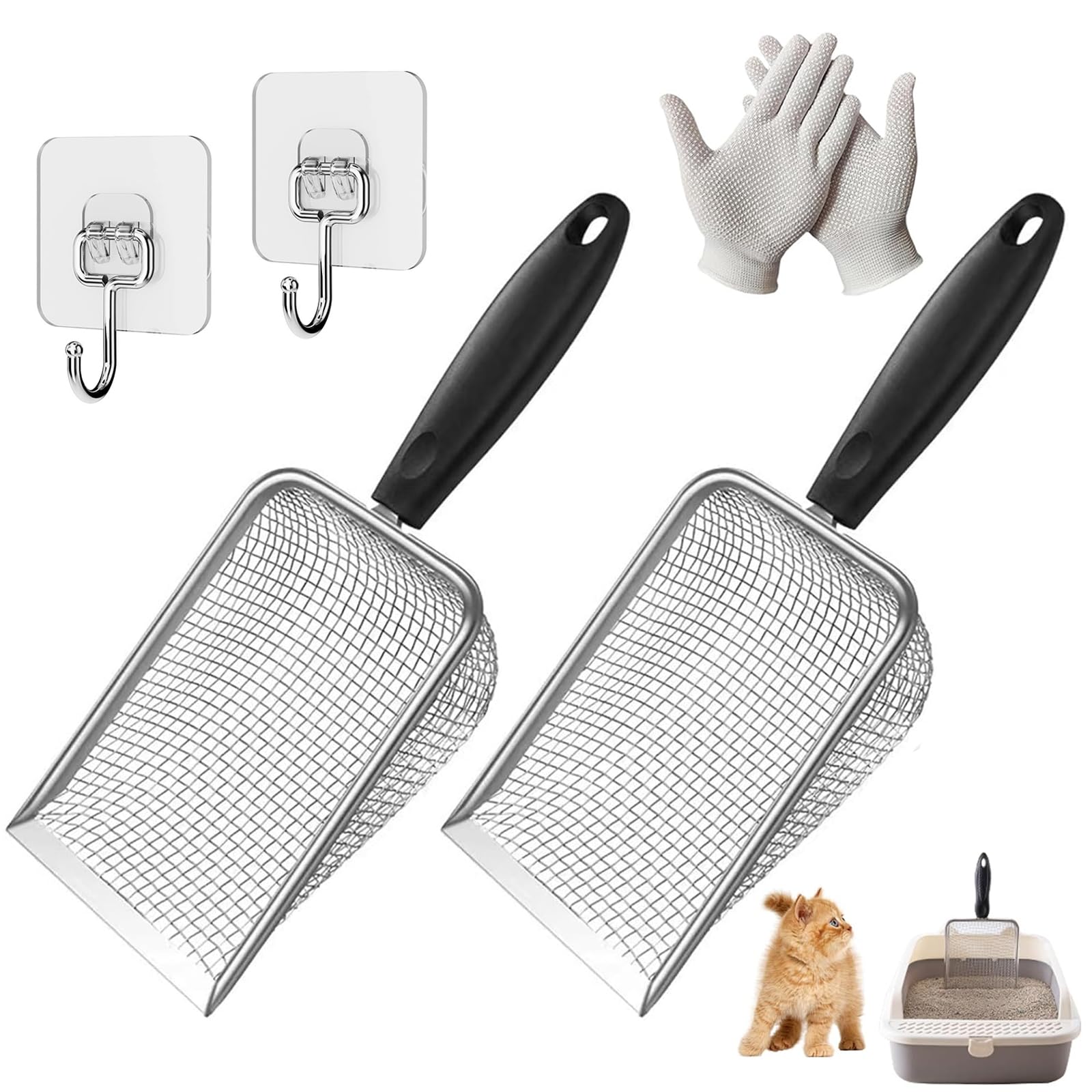 YTSMFL 2PCS Cat Litter Scoop, Stainless Steel Cat Litter Scoop Reptile Sand Scoop Cat Poop Scoops Non Stick Metal Litter Scooper Fast Sifter Kitten Litter Shovel for Cat Litter Box