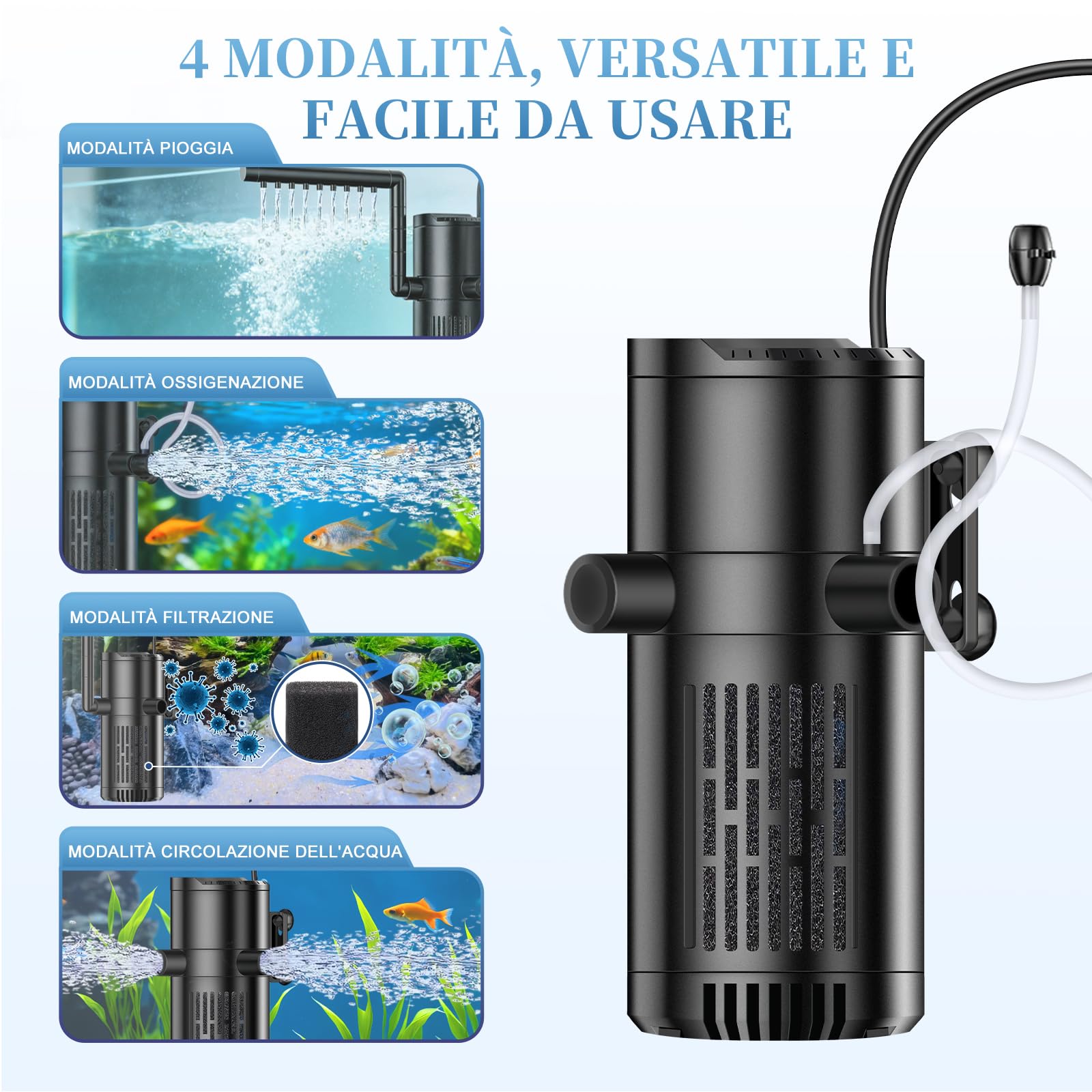 Filtro Acquario Interno, 8W Flusso Regolabile Filtro per Acquario 500 L/H, Pompa Acquario per Acquari da 30 a 120L