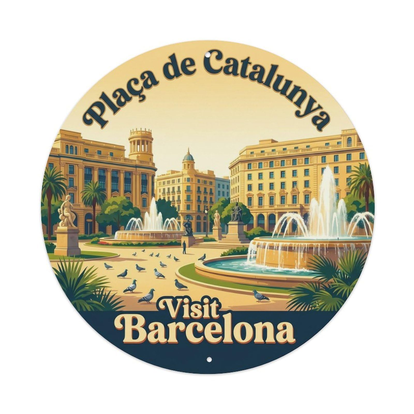 Catalan Barcelona Catalunya Plaza Sightseeing Vintage Metal Tin Sign Plaque Wall Decor for Cafe, Man Cave, Club Bar, Office, Home Garden Round Metal Poster 8x8Inch