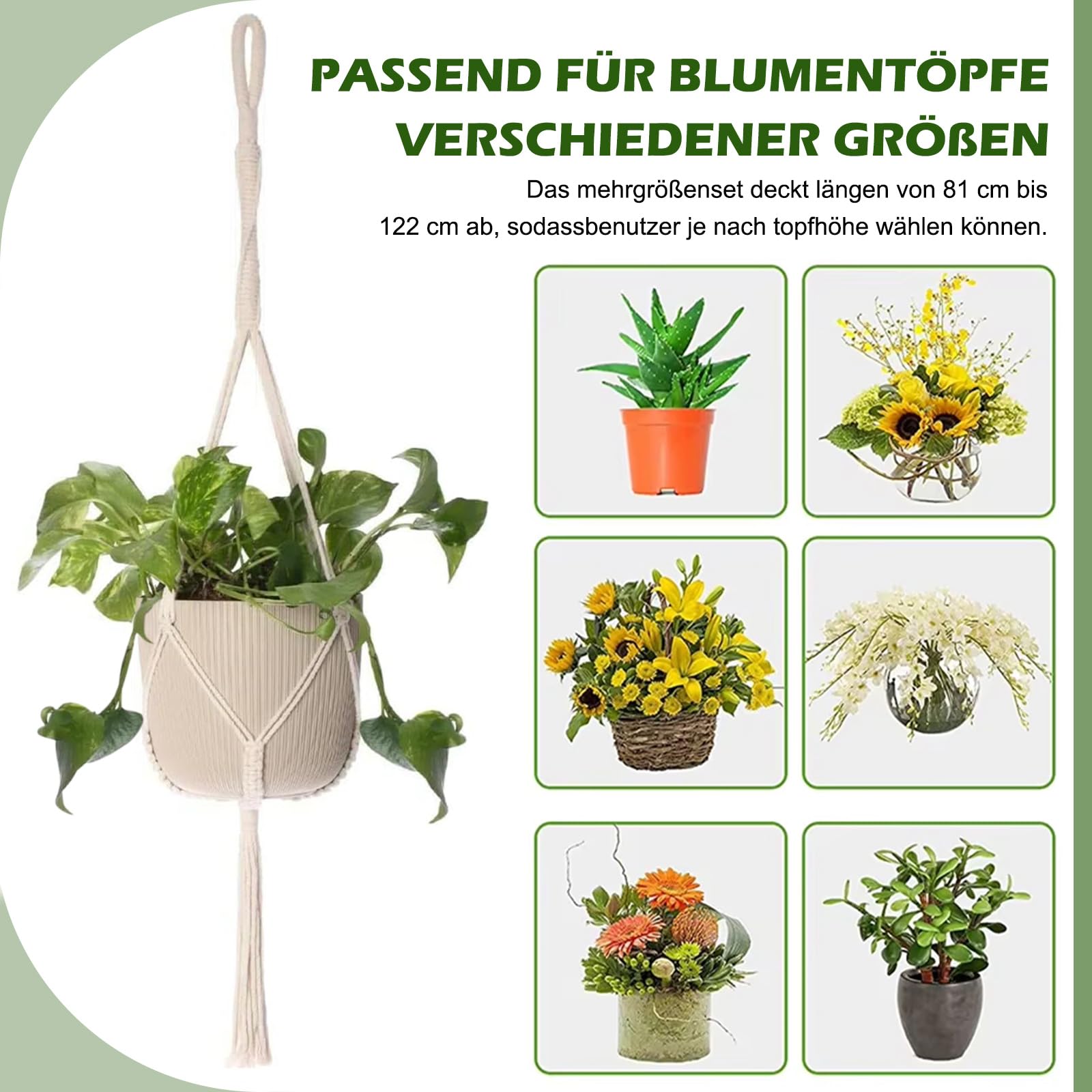 Makramee Blumenampel Set 4-teilig - Boho Pflanzenaufhänger Aus Baumwolle | 3x 100cm + 1x 180cm Mit Haken