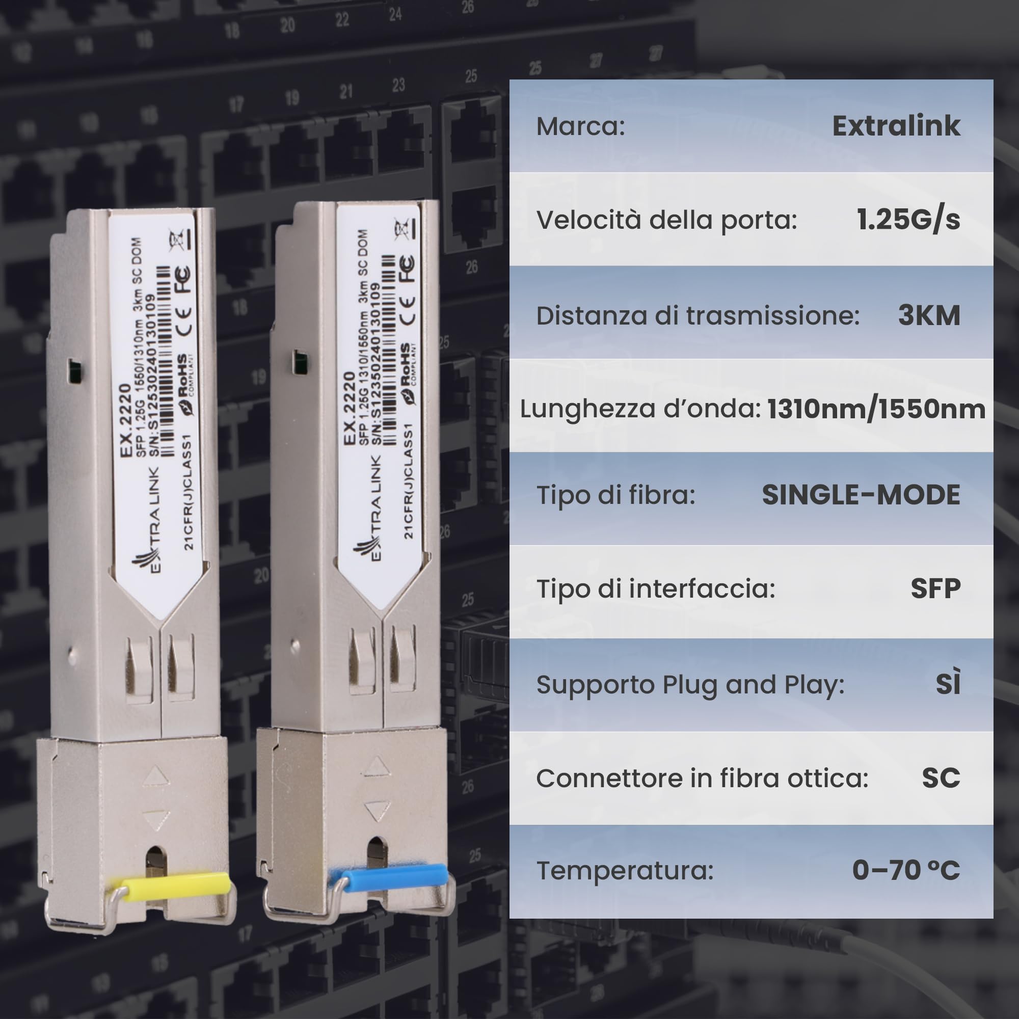 Extralink Modulo SFP WDM Singlemode 1,25G SC 1310/1550nm 3km Compatibile Ubiquiti UniFi Cisco Gigabit Ricetrasmettitore Switch Router