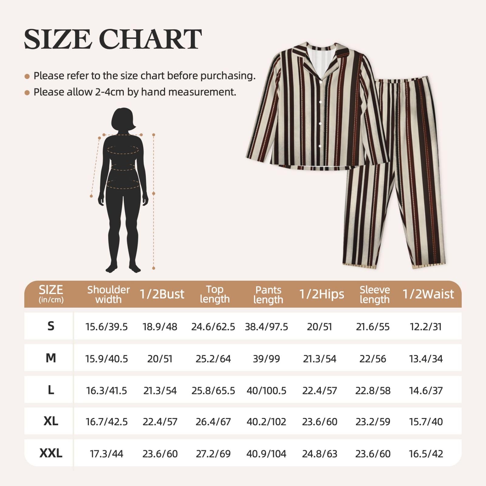 Set pigiama a maniche lunghe da donna con stampa a righe marroni Lounge Sleepwear Accogliente Nightwear Loungewear tutti i giorni