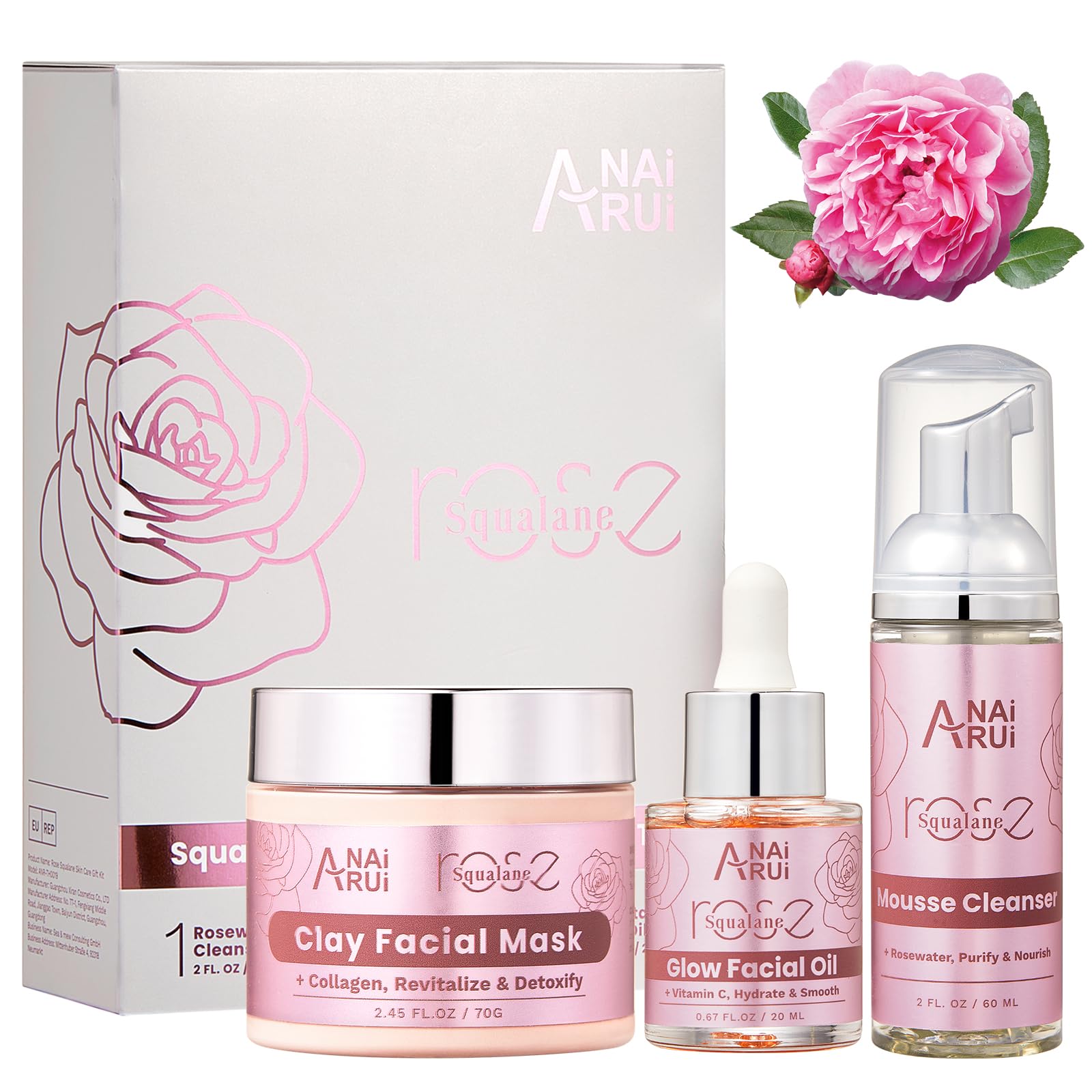 ANAI RUI Purify, Hydrating Rose Skincare Gift Set, Holiday Gift for Women, Facial Skincare Kit for Women, Rose & Squalane Face wash and Moisturizer Set with Clay Mask, Face Cleanser and Facial Oil