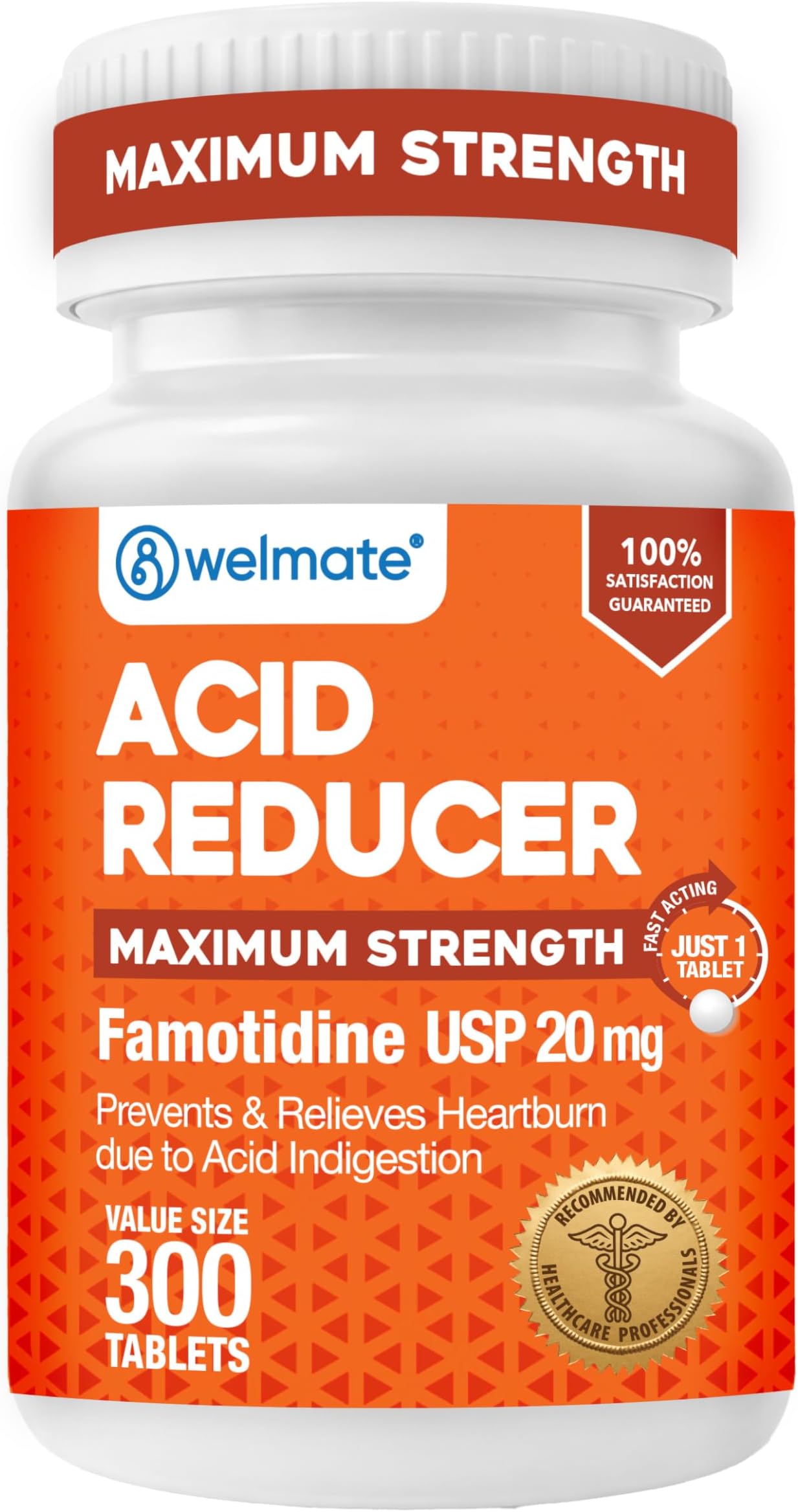 WELMATE Famotidine 20mg Maximum Strength Acid Reducer, 300 Count - Heartburn Relief and Acid Reflux Medicine - 12 Hour Protection - Easy to Swallow Tablets, 150 Day Supply