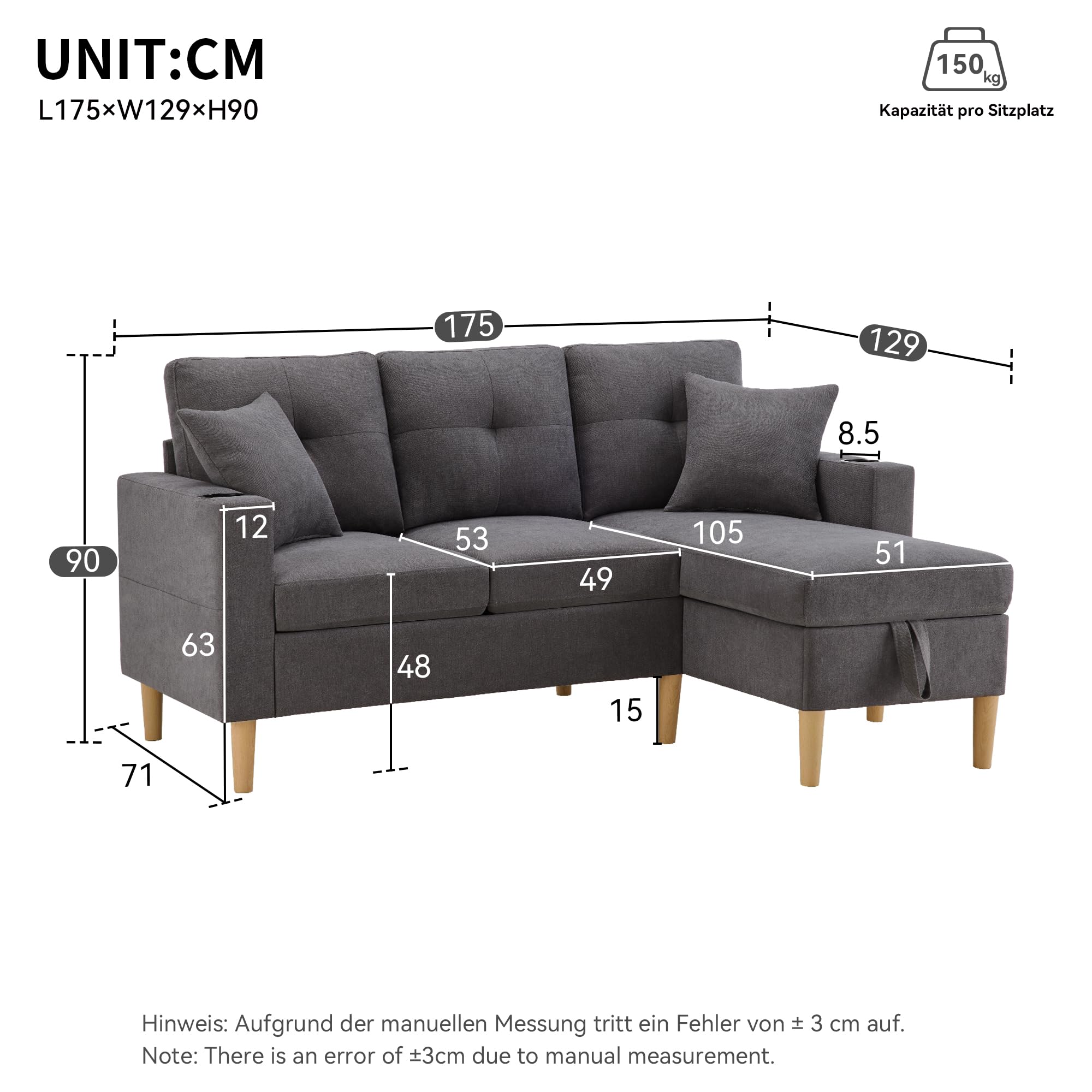 Divano Moderno a Forma di L, a 3 Posti, con Chaiselongue, Portabevande, Spazio per Riporre, Include 2 Cuscini, per Soggiorno, Ufficio, Appartamento (Grigio Scuro)