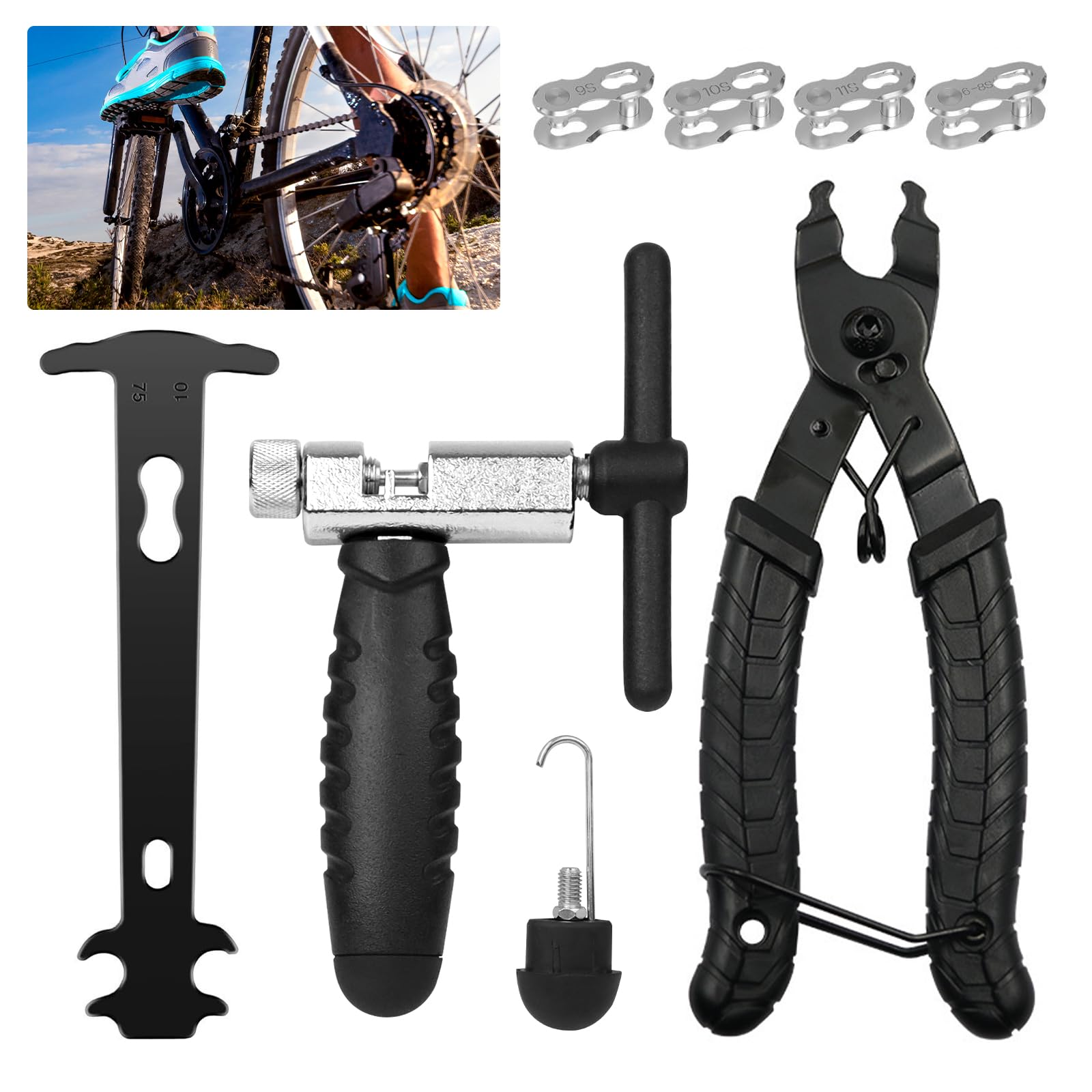 NIXRET Bicycle Chain Tool Bike Chain Removal Tool Set with Bike Chain Breaker, Chain Pliers, Multifunctional Chain Wear Tool, 4 Pairs Chain Quick Link for 7/8/9/10/12 Speed Chain Bike Repair Kit