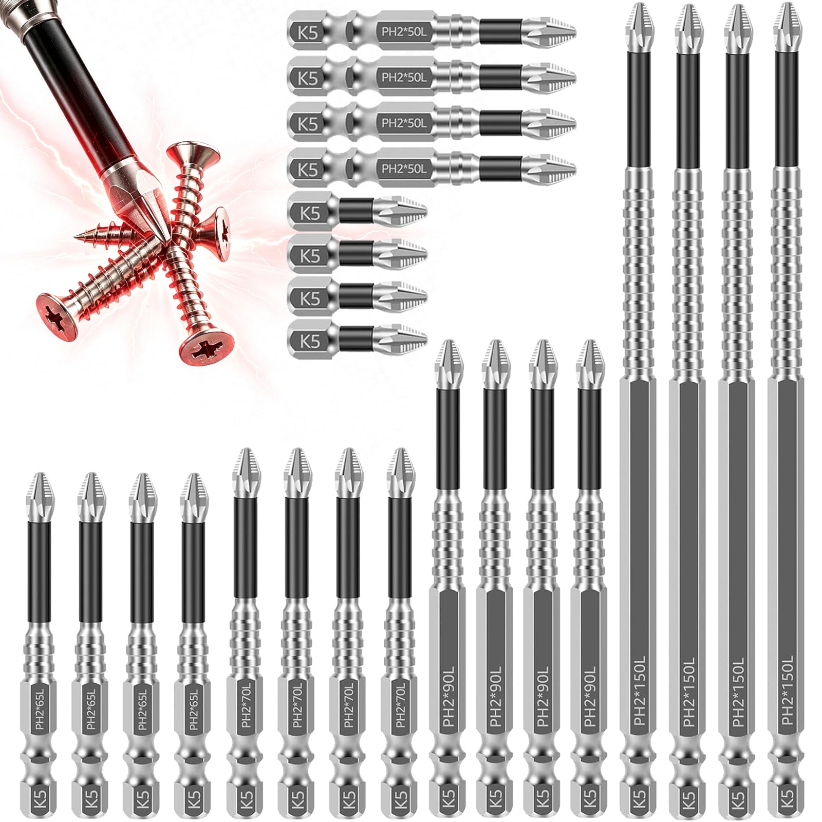24 punte per cacciavite a percussione in lega con denti antiscivolo Phillips Set di punte magnetiche lunghe per trapano magnetico Set di punte per trapano elettrico 25+50+65+70+90+150mm