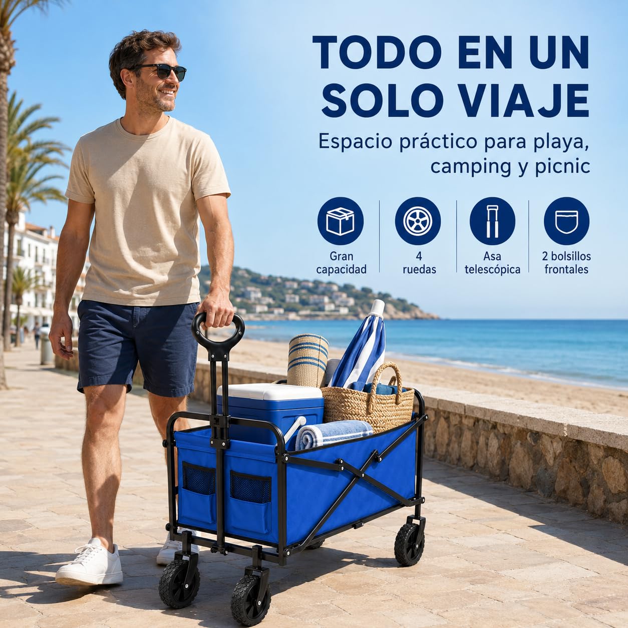 Carro Plegable con 4 Ruedas, Carrito de Transporte con Asa Telescópica y 2 Bolsillos Frontales, Carro para Playa, Camping, Picnic y Compras, Azul