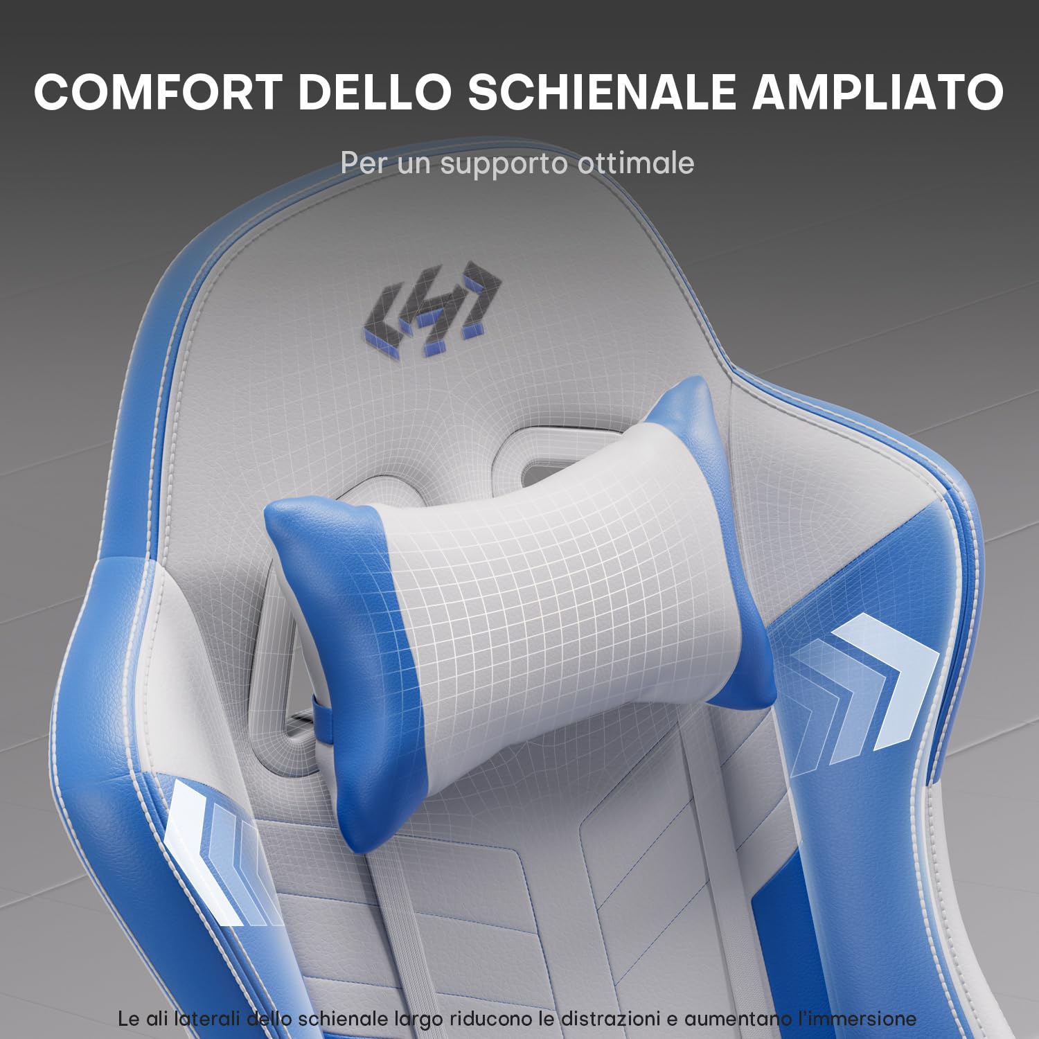 HLFURNIEU Sedia Gaming Massaggiante, Sedia Gamer con Poggiapiedi e Cuscino Lombare Massaggiante, Poltrona Gaming Regolabile in altezza, Schienale Regolabile 90°-135°, Portata 150kg (Bianco e Blu)