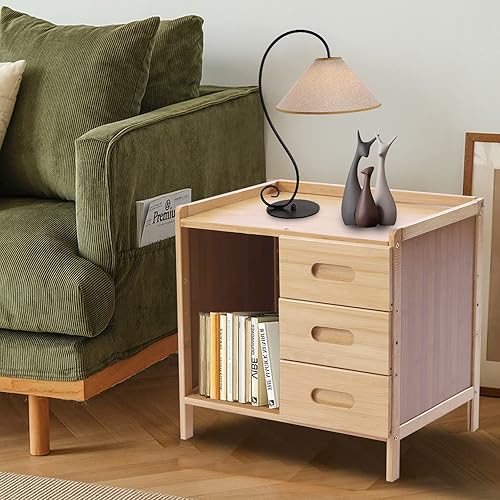 Miniatura 8 de DYRABREST Mesita de noche de bambú mesa auxiliar de madera de bambú maciza con cajón y estante de almacenamiento para dormitorio sala de estar
