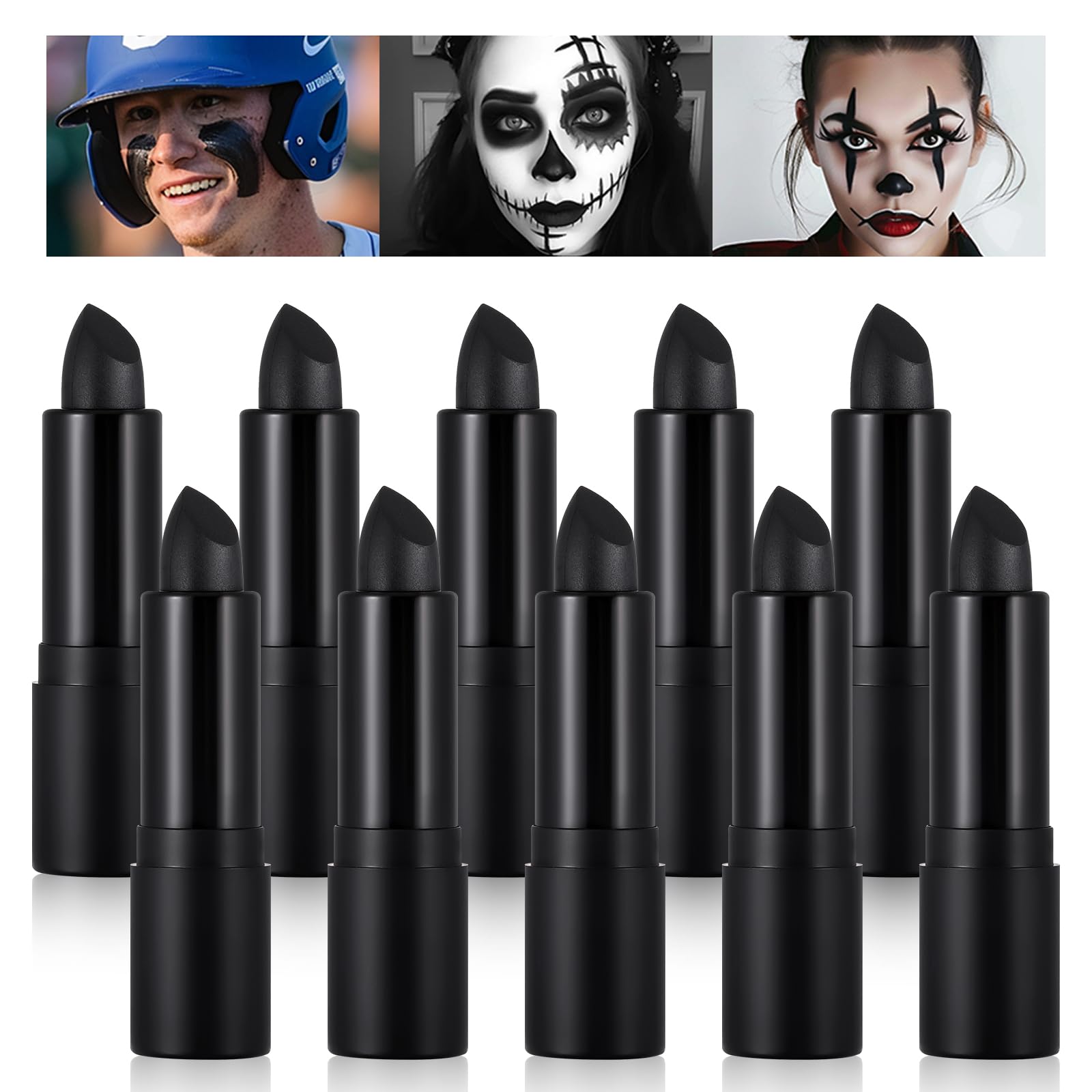 10PCS Black Face Body Paint Stick Set, Waterproof Eye Black for Baseball/Softball/Football Sports, Professional Cream-Blendable Stick for Halloween Gothic Skull Clown Skeleton Cosplay & Stage