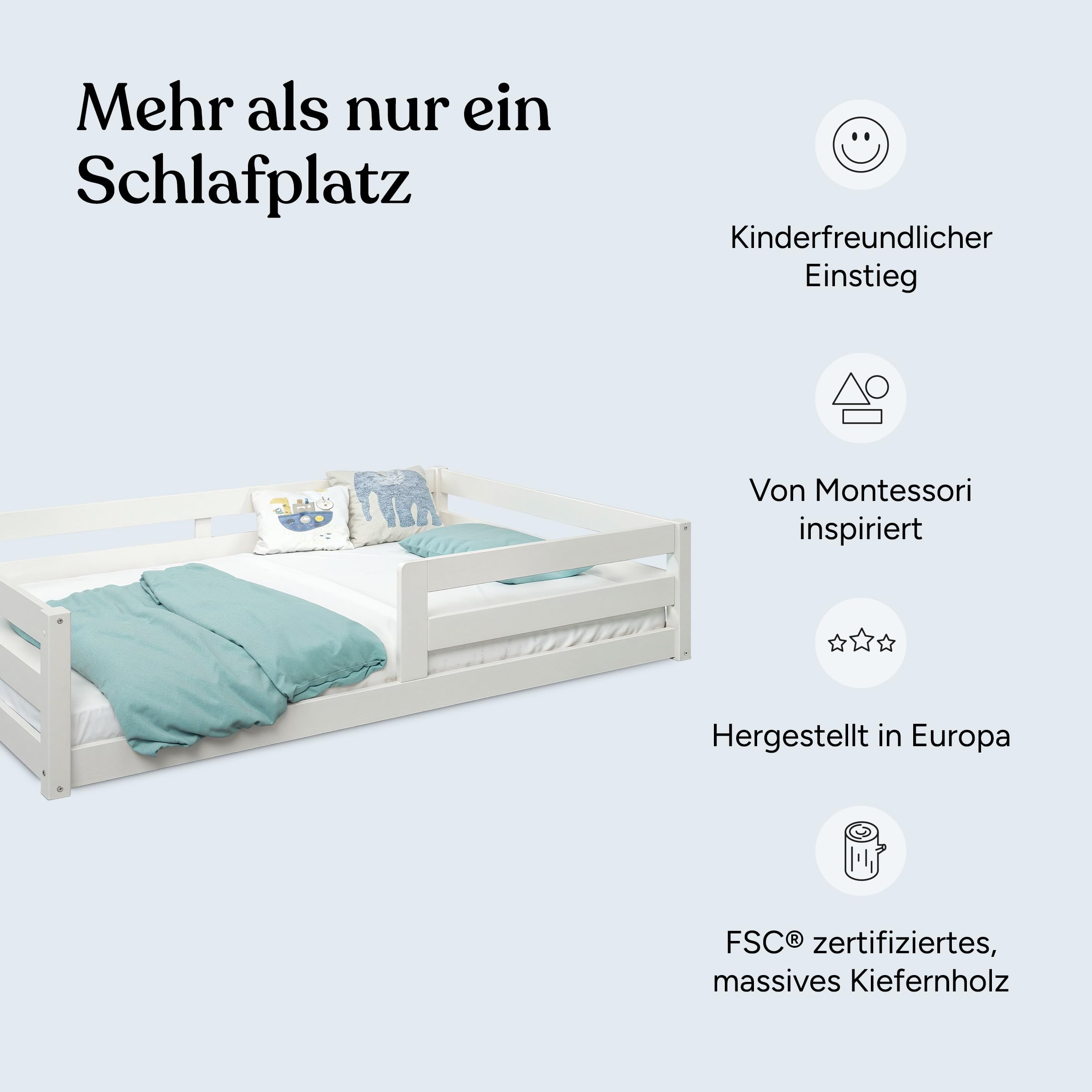 Ehrenkind® Bodenbett Sona aus massivem Kiefernholz Weiß 120x200 cm