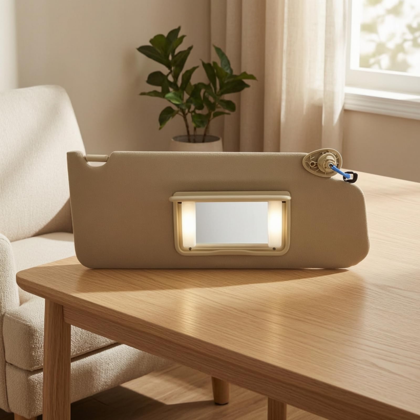 Protection Pare-Soleil Voiture avec Miroir Rabattable Anti-éblouiss Pare-Brise Lumière Solaire Construction Rembourrée Bord Arrondi Fixation, Style to 2, Beige