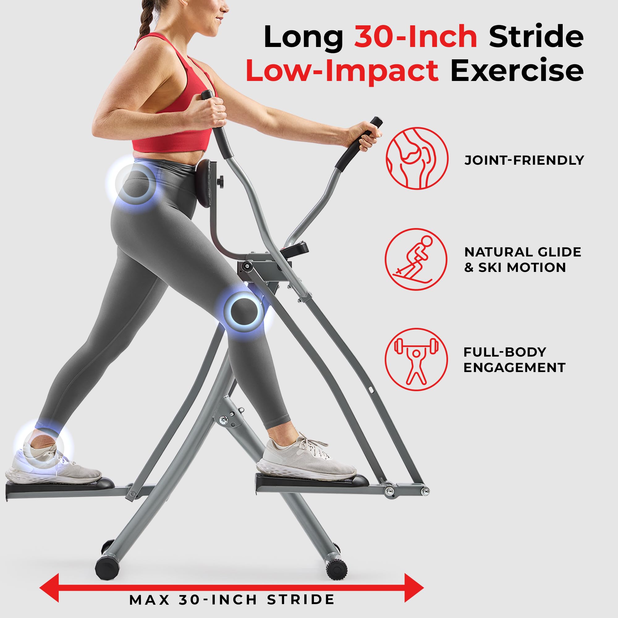 Sunny Health & Fitness Smart Air Walk Elliptical, Foldable Machine w/ 30-INCH Stride, Cardio Cross Trainer Glider for Home Exercise, Free SunnyFit App Bluetooth Link, Optional Adjustable Resistance