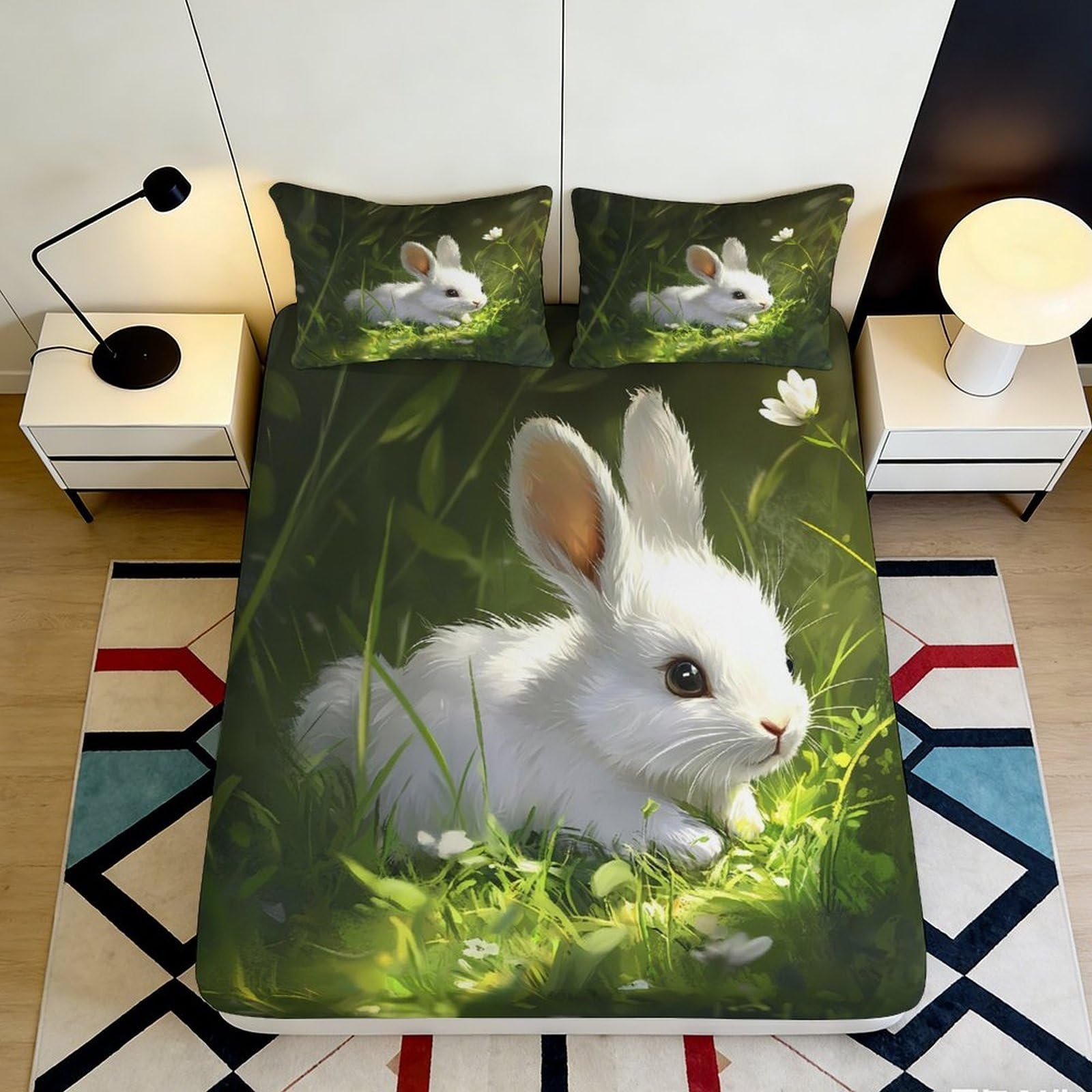 3D Printed Bunny Fitted Sheet Microfiber Deep Pocket Non-Slip for Adults Rabbit Mattress Fitted Cover Bedroom Bedding 180x200x25cm