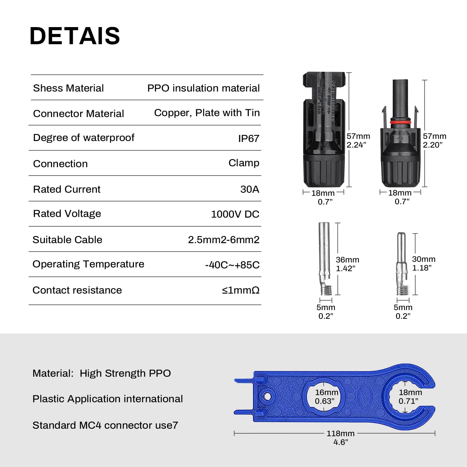 50 Pares Conectores Solares – Opciones 5/6/12/22/32/50 Pares – 50 Pares Conectores Fotovoltaicos 10/12/14AWG con Llave, Macho/Hembra para Cableado Solar PV DIY, Negro