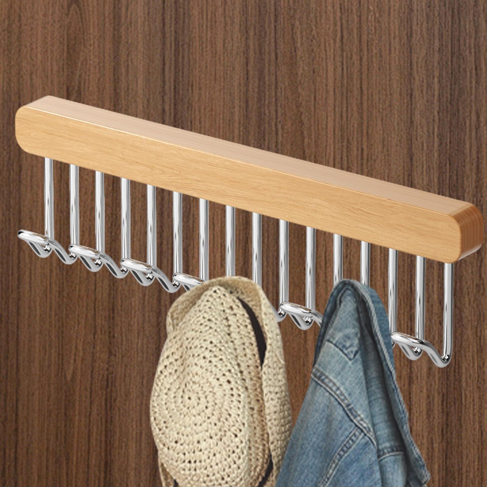 Anti Slip Multi Hook Coat Rack | 11.81x1.77x1.1 inches Belt Hanger for Wardrobe | Wood + Carbon Steel Closet Space Saving Organizer, Hanger with Multiple Hooks for Wardrobe Cabinet