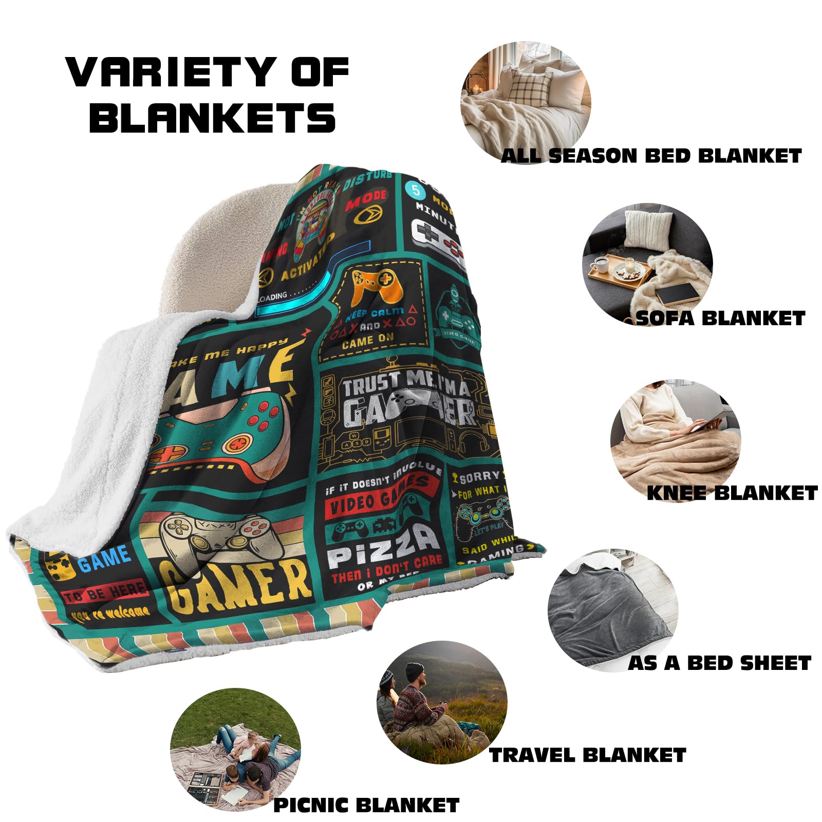 Koc dla gracza sherpa, ultramiękki flanelowy koc gamingowy, dwuwarstwowe ciepłe koce z tkaniny, koc do gier wideo, akcesoria do gier do pokoju 152 x 127 cm