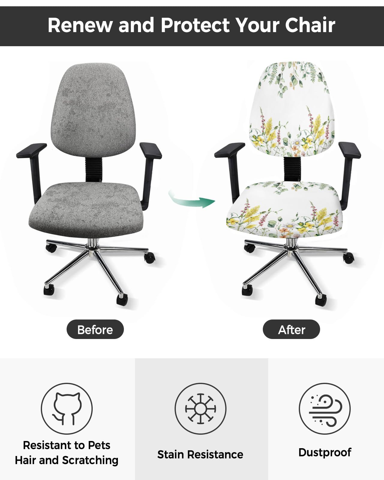 Plant Leaves Office Chair Covers Stretchable 2 Piece, Soft Decorative Computer Desk Chair Cover Protector Universal Rotating Chair Slipcover Eucalyptus Wildflowers Rustic Botanical Floral