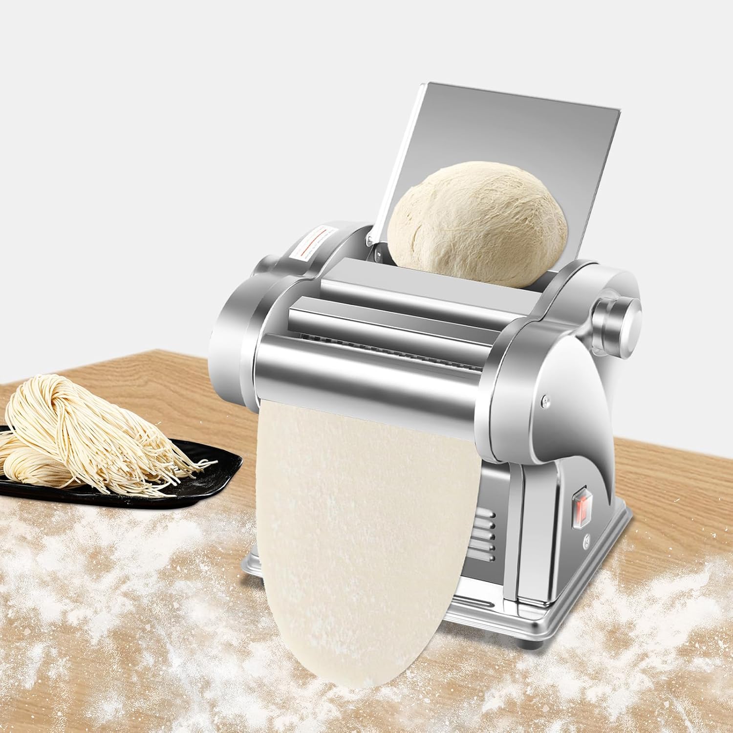 135W Electric Pasta Maker Machine Stainless Steel Dough Sheeter with 8 Thickness Settings, 2 Noodle Cutters for Flat Pasta, Automatic Noodle Press for Home & Commercial Use (110V)