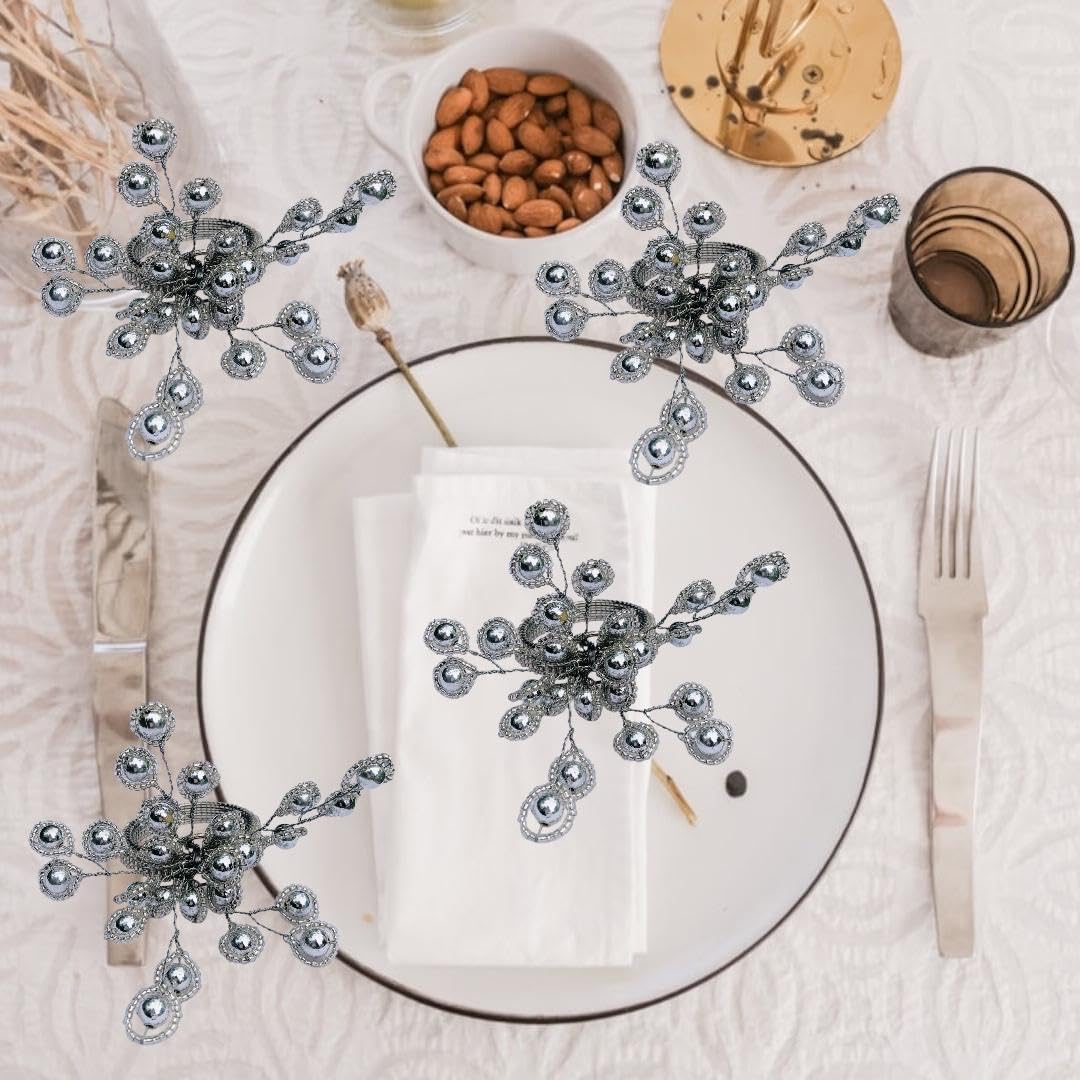 INSTOOK YD Designs Napkin ring holder /Bead Napkin Ring Set for table decoration/ Weddings (Silver) Pack of 6 2