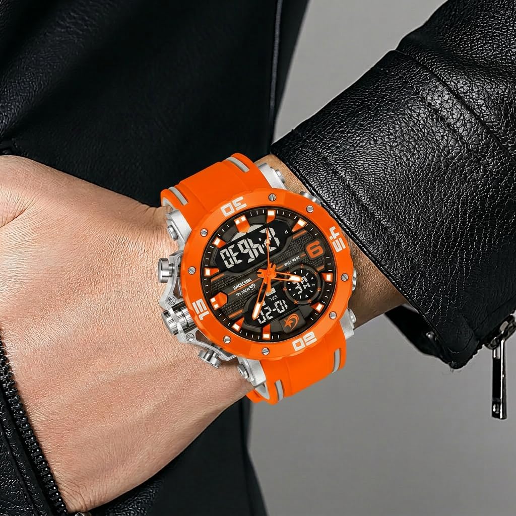FANMIS Orologio da polso da uomo, sportivo, militare, impermeabile, digitale, analogico, tattico, per esterni, con quadrante grande, doppio fuso orario, LED luminoso, sveglia, cronometro, corsa