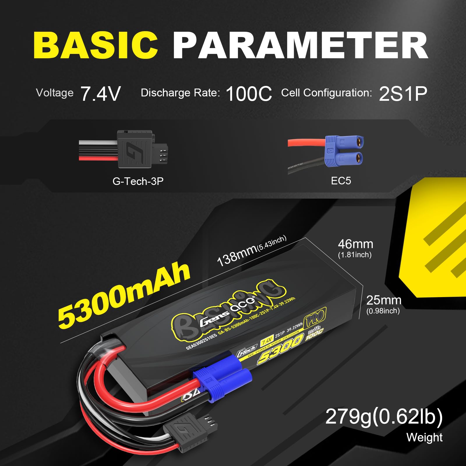 Gens ace 2S LiPo Akku 7,4 V 5300 mAh 100C Hardcase mit EC5-Stecker – Batterie für 1/4 RC Motorräder