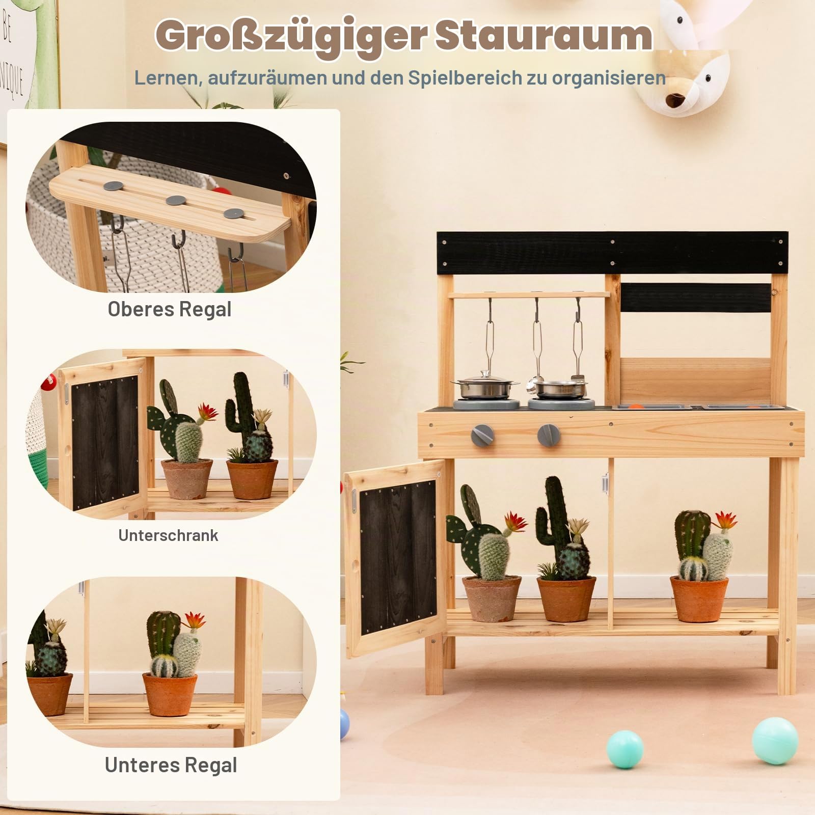 HOMASIS Matschküche Kinder Outdoor, Kinderküche mit 2 Spülen, Herd & Kreidertafel, Spielküche Holz mit Zubehör, Spielzeugküche mit 3 Haken & Regalen, für Kinder ab 3 Jahren