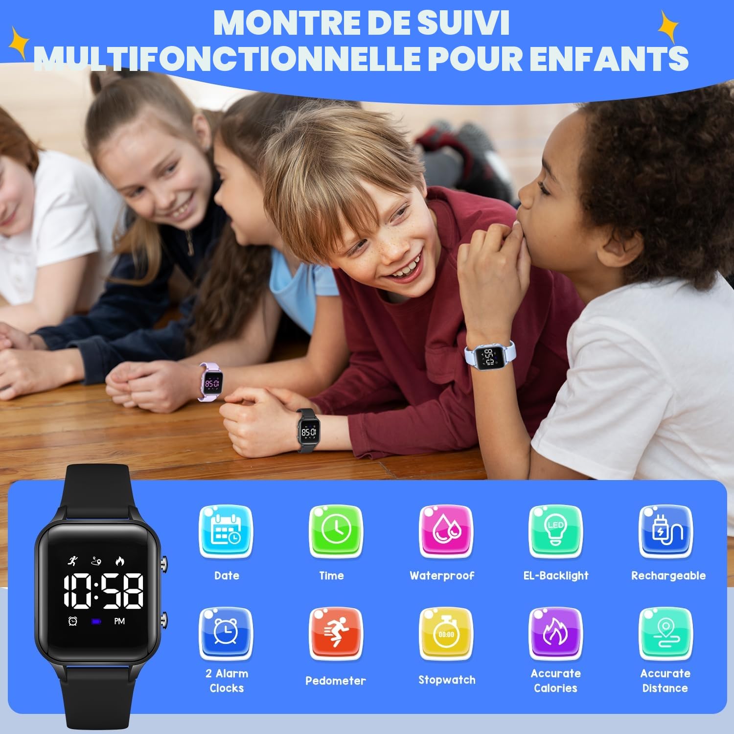 caprock Montre Numérique LED Podomètre pour Enfants, Montres Sport pour Fille Garcon étanche 50 ATM Montre Digitale Enfant avec calcul de la Distance/Vibration, Double réveil/chronomètre