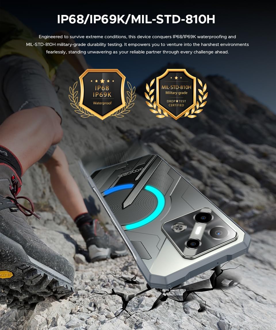 Blade GT Play, Smartphone Rugged 5G (Ultrasottile 10mm), Effetto Luce RGB, 20GB+256GB, Dual SIM 5G, Schermo 6,72" 120Hz FHD+, Fotocamera AI 50MP, Android 14, IP69K/IP68 Antiurto, NFC Nero