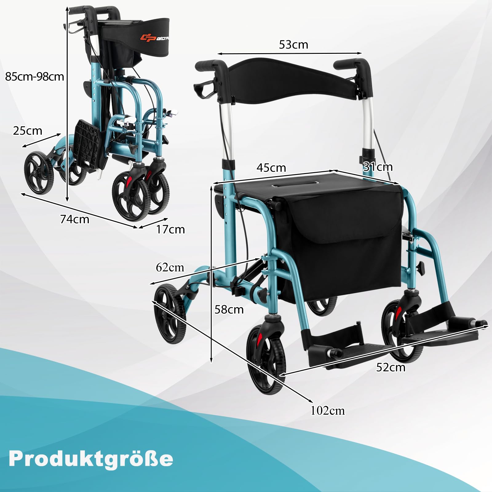 COSTWAY Rollator faltbar und leicht mit Sitz, 2 in 1 Rollstuhl & Reiserollator Leichtgewicht, Gehhilfe 6-fach höhenverstellbar, Gehwagen mit Tasche & Bremsen & Stockhalter, Aluminium (blau)