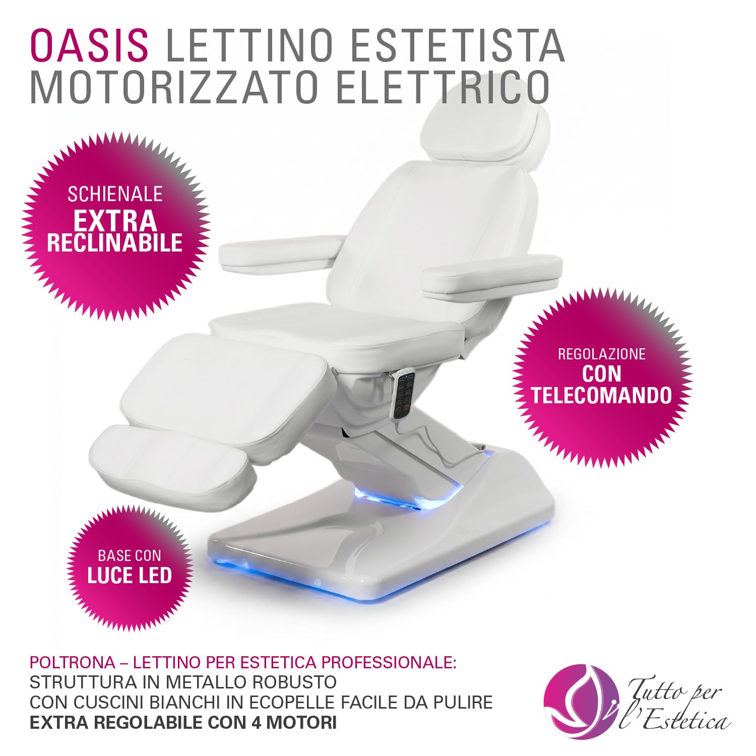 Lettino Estetista Elettrico Oasis - Lettino Massaggio Professionale 4 Motori, Poltrona Pedicure Estetista, Lettino Tattoo e Fisioterapia | Portata Massima 200 Kg, in Ecopelle Bianco, Facile da Pulire