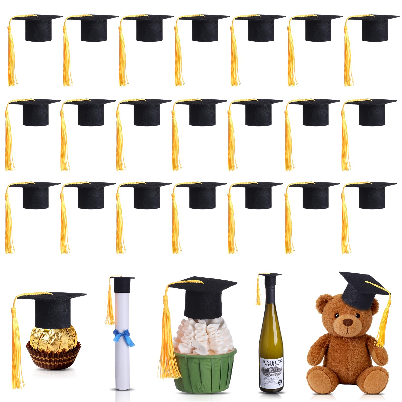 Frienda 50 Pcs Mini Graduation Caps with Tassel Wine Bottle Toppers Grad Cake Pops Cover Toppers Felt Grad Hat for 2026 Graduation Party Decorations Favors Supplies(Black)