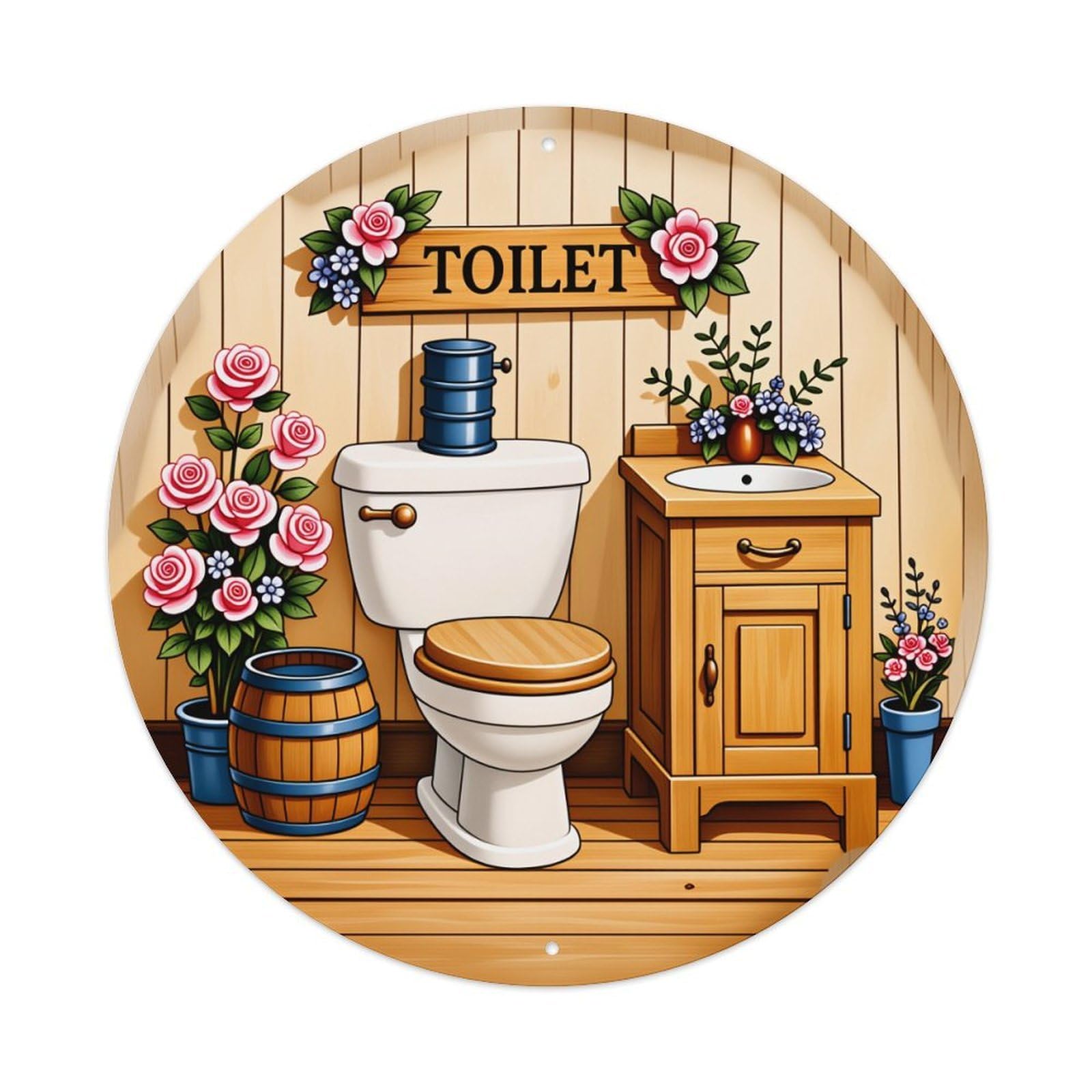 Toilet Floral Wooden Style Barrel Sink Tin Sign Vintage Style Home Bar Garden Wall Plaque Decor Metal Poster 8x12 Inch