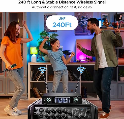 Miniatura 2 de Bietrun Micrófono inalámbrico, sistema de micrófono dinámico inalámbrico dual UHF inalámbrico de metal recargable para karaoke, reuniones, fiestas,