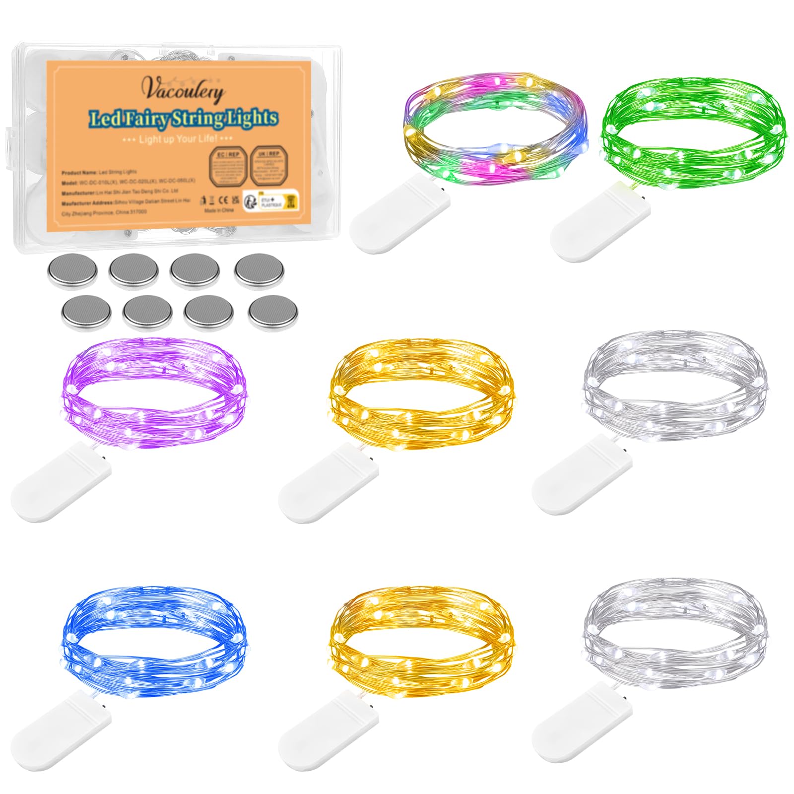 Vacoulery Cadena de Luces con Pilas, Guirnalda Luz Pilas 2M 20 LED Alambre de Cobre Micro Guirnaldas Luces para Interior Exterior Decoración Boda Fiesta de Navidad, Multicolor (8 Piezas-6 Colores)