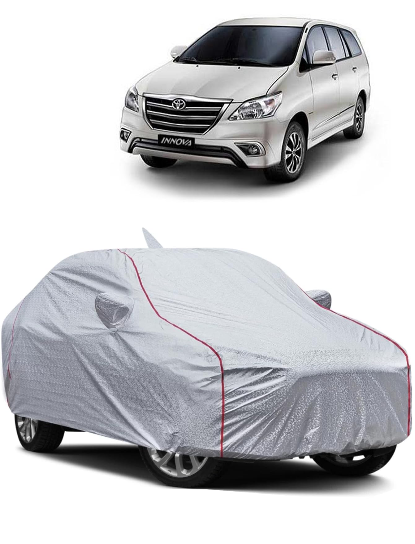WRAPSTRIC Water-Resistant Car Cover for Toyota Innova – Dustproof, UV Protection, Scratch Resistance, Secure Buckle Strap, Elastic Front & Rear – Silver