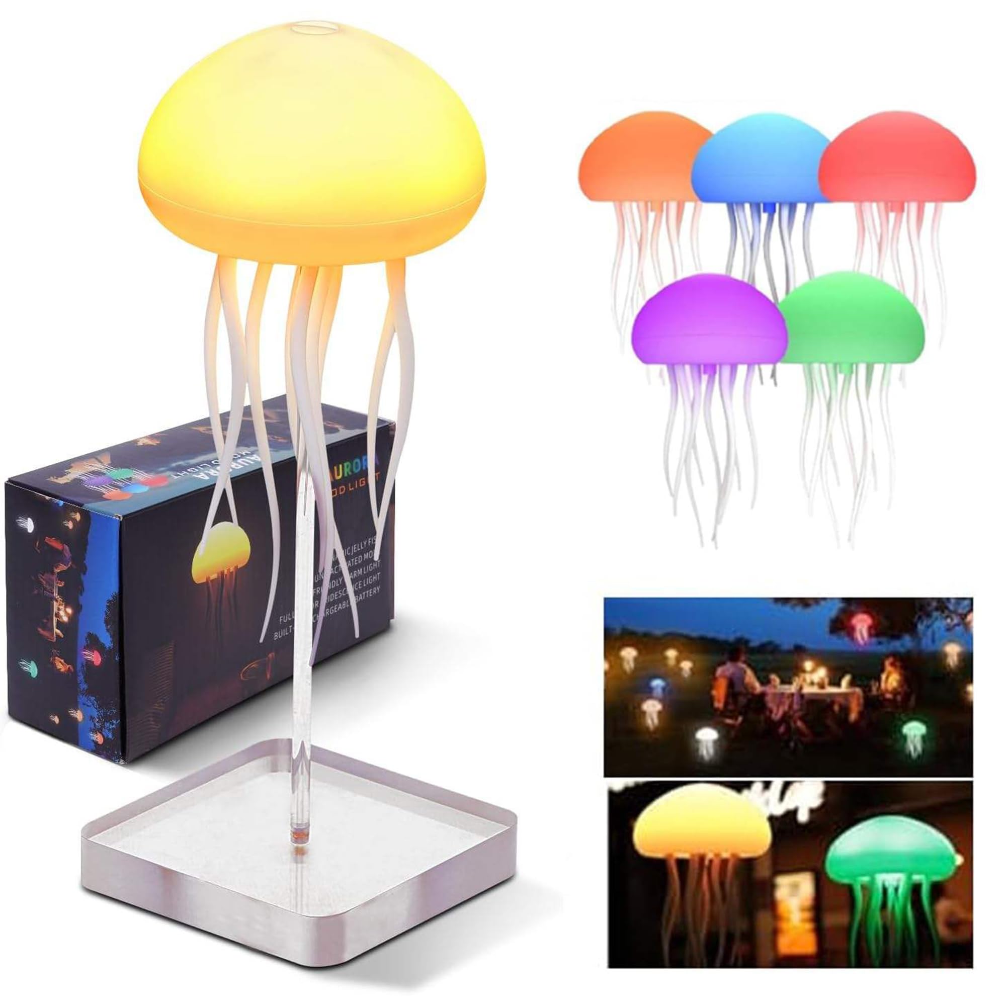 Jellyfish Lamp, Colour Changing LED Night Light, Rechargeable Table Lamp with Stand and Soft Ambient Glow, Decorative Mood Lighting for Bedroom, Living Room and Home Office
