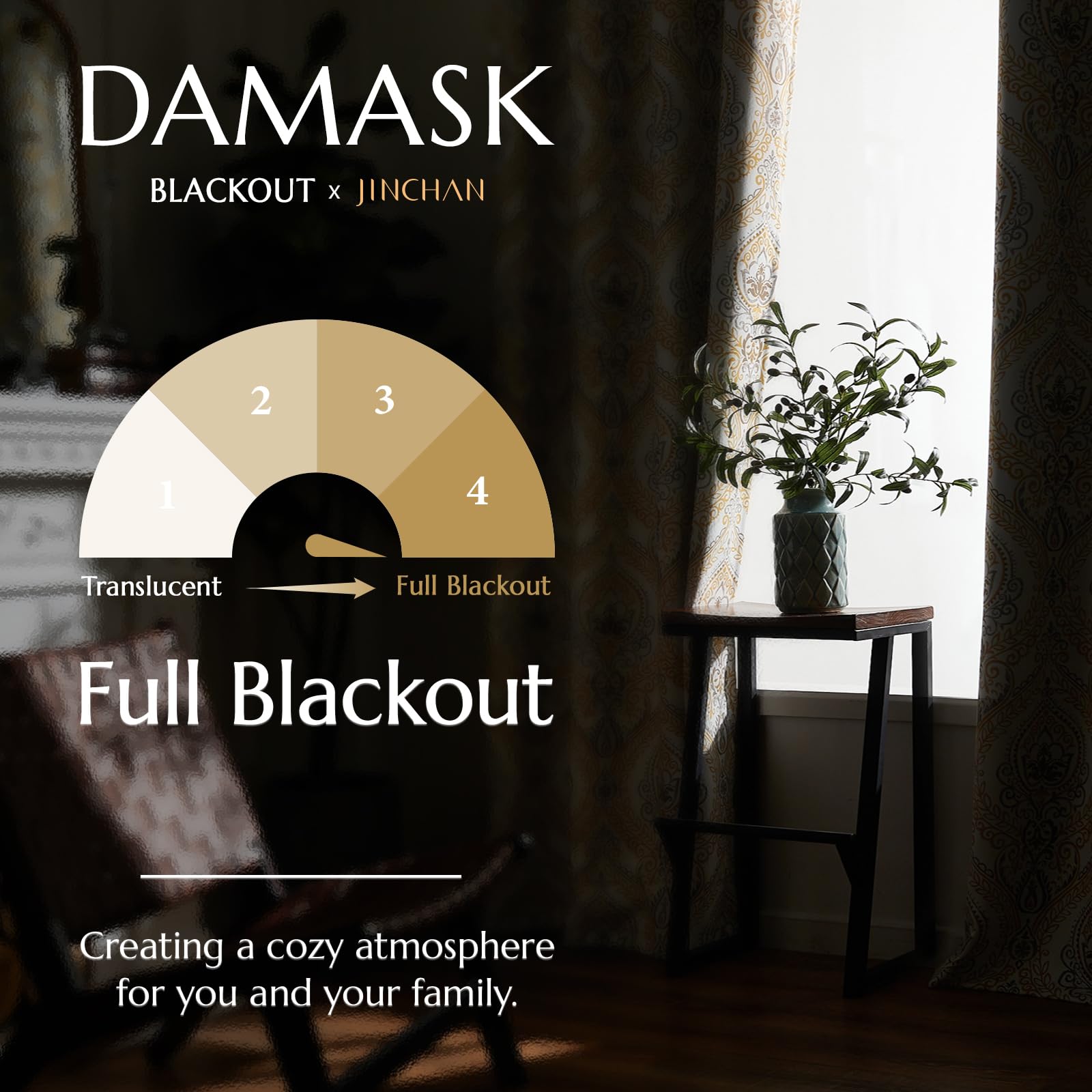 jinchan 100% Blackout Curtains 84 Inches Long Yellow Damask Medallion Window Curtains for Bedroom Grommet Thermal Insulated Drapes for Living Room Vintage Luxury Window Treatments Set 2 Panels