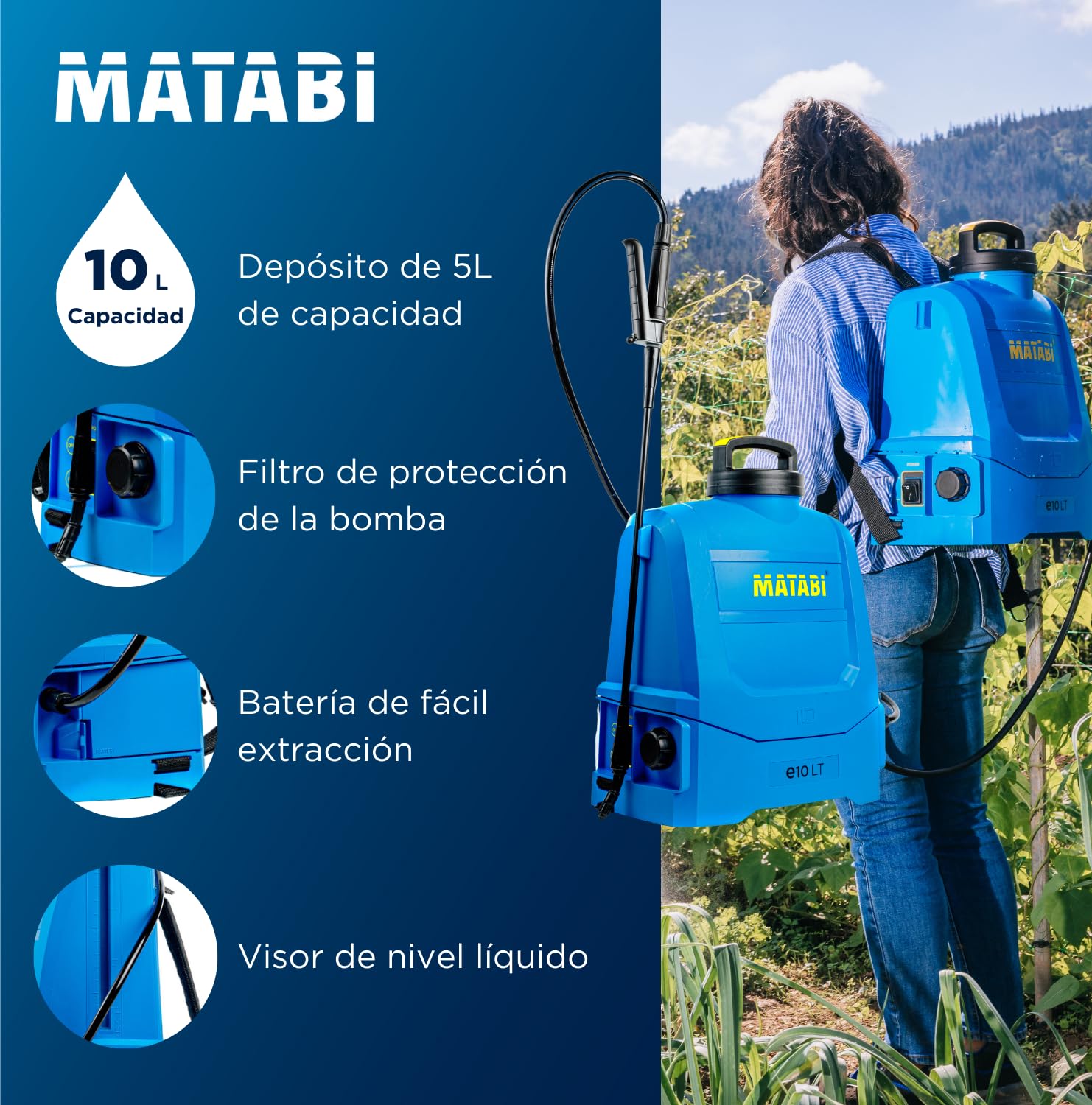 Pulverizador Eléctrico Matabi e10 LT - Batería Extraíble Li-Ion - Hasta 150L de Autonomía - Diseño Compacto y Ligero - Correas Acolchadas - Depósito Ergonómico - Boquillas Incluidas - Hecho en España