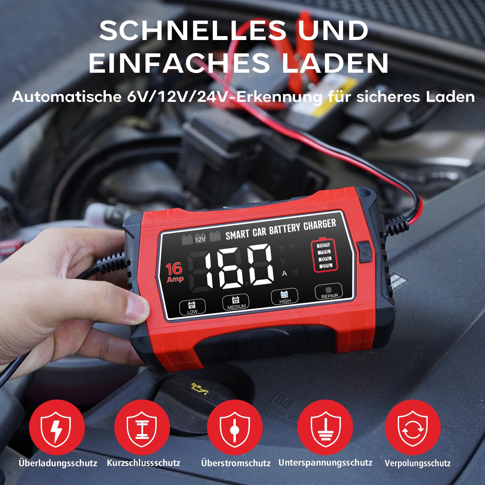 16A 6V/12V/24V Autobatterieladegerät-Haisito Intelligentes Ladegerät mit LCD-Display, Batteriepfleger,Erhaltungsladung&Entsulfatierung für AGM,LiFePO4,Blei-Säure(Motorrad, Wohnmobil, Caravan)
