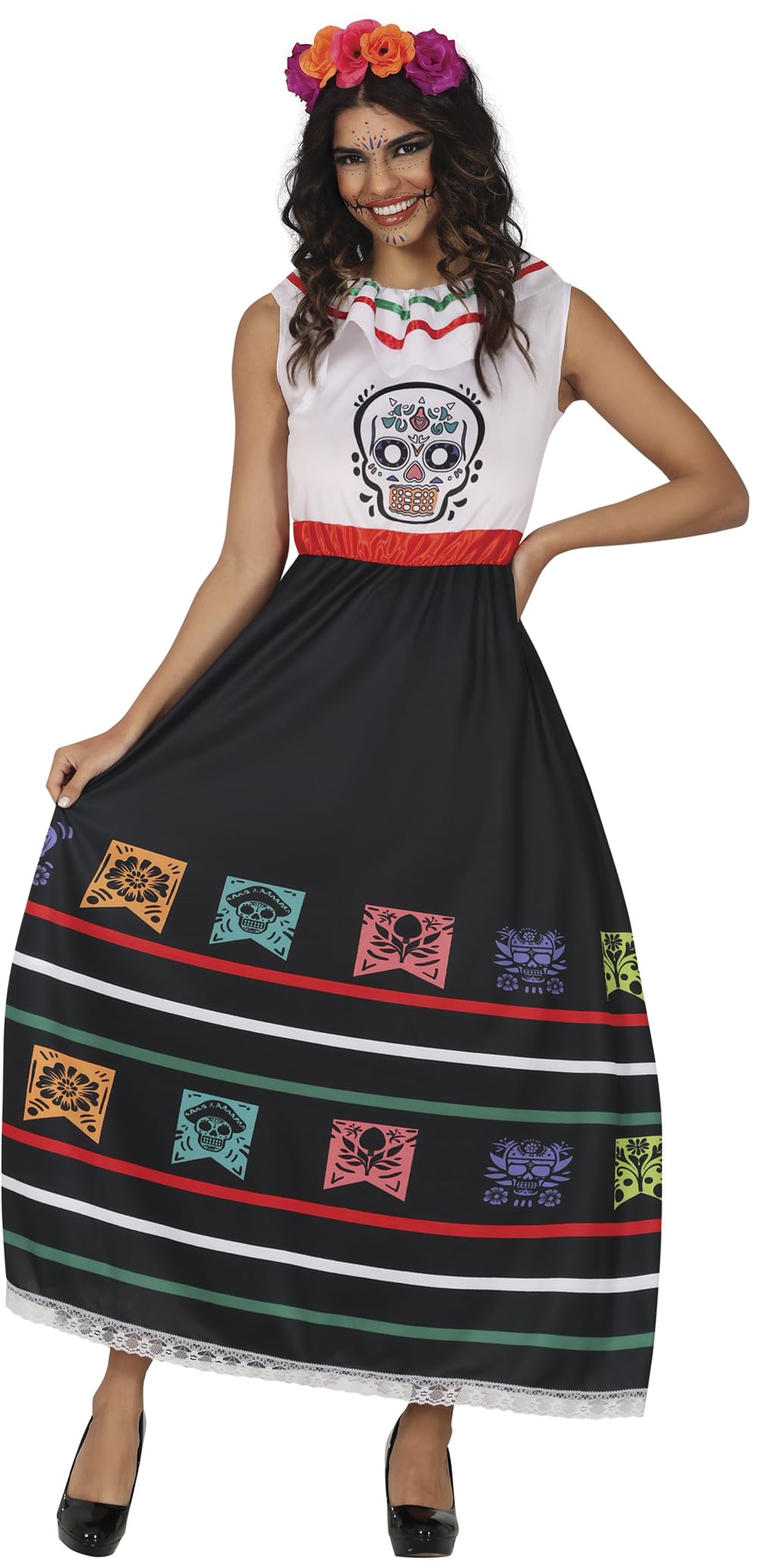 FIESTAS GUIRCA | Disfraz Skull Catrina Adulta - Vestido y Cinturón - Disfraces de Día de Muertos, Halloween y Carnaval para Fiestas de Disfraces - Ideal para Mujeres