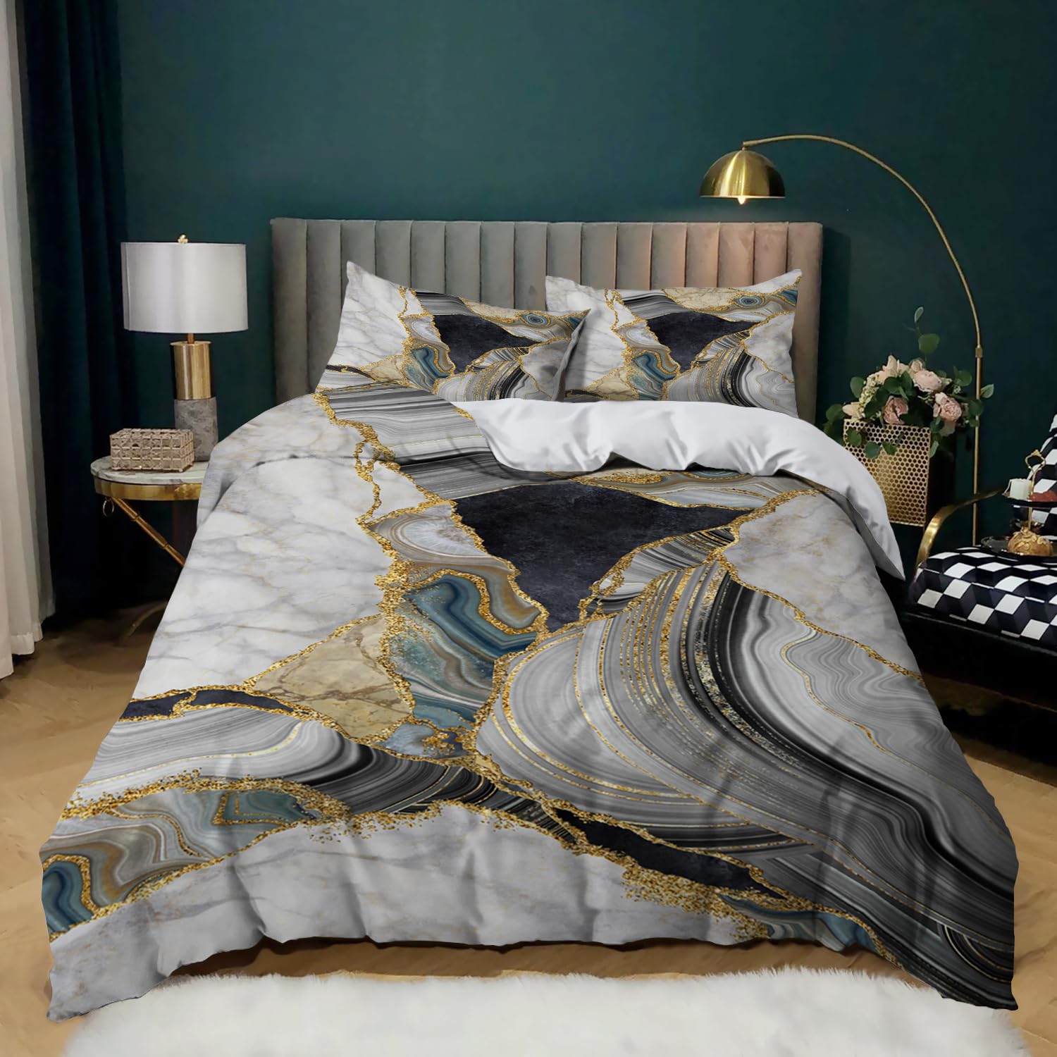 Zfszsd E Super King Duvet Cover Set Golden Marbl Pattern Bedding Sets Super King Siz Luxury, Duvet Cover With 2 Pillowcases