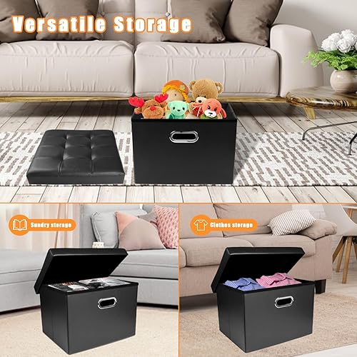 Miniatura 5 de Bsketa Otomana de almacenamiento, taburete plegable con asiento acolchado de espuma más gruesa, banco otomano de almacenamiento de cuero, reposapiés