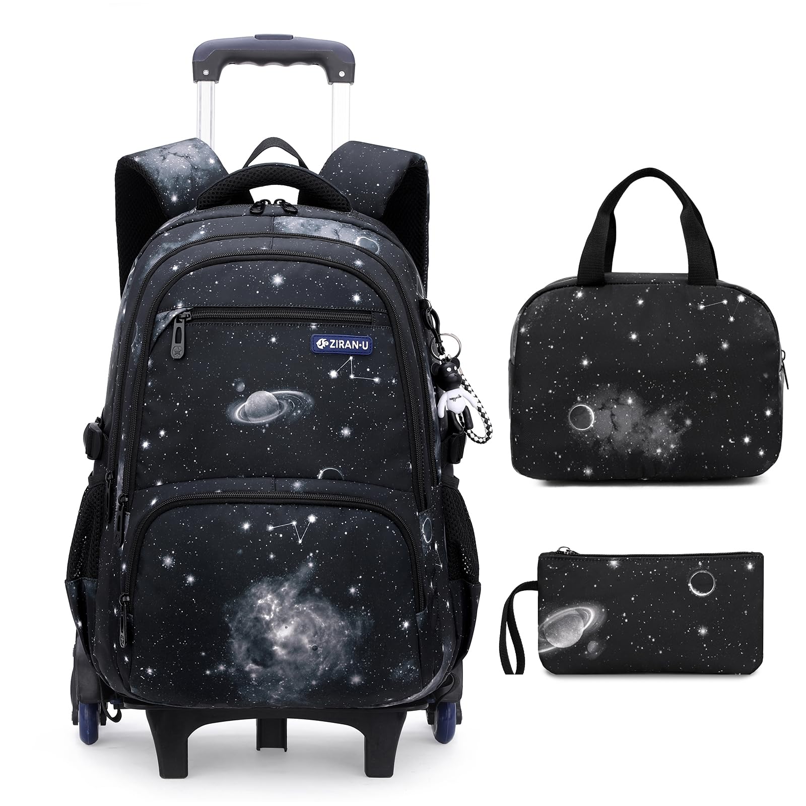 Amythe Zaino Trolley Set da 3 pezzi per Ragazzi, Zaini Scuola Elementare Media Superiore con Borsa Pranzo Borsa per Penna, Zainetto Bambini con Ruote Valigie, 32x19x48cm, Nero