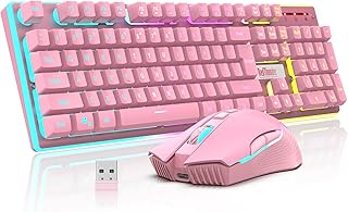 RedThunder K10 Wireless Gaming Keyboard and Mouse Combo, LED Backlit Rechargeable 3800mAh Battery, Mechanical Feel Anti-ghosting Keyboard + 7D 3200DPI Mice for PC Gamer (Pink)