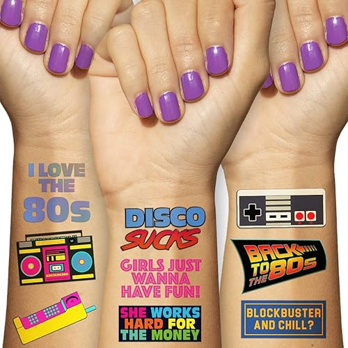 Tatuajes temporales retro de los años 80 (5 páginas) - Decoración divertida de la fiesta temática de los años 80, recuerdos y suministros multicolor