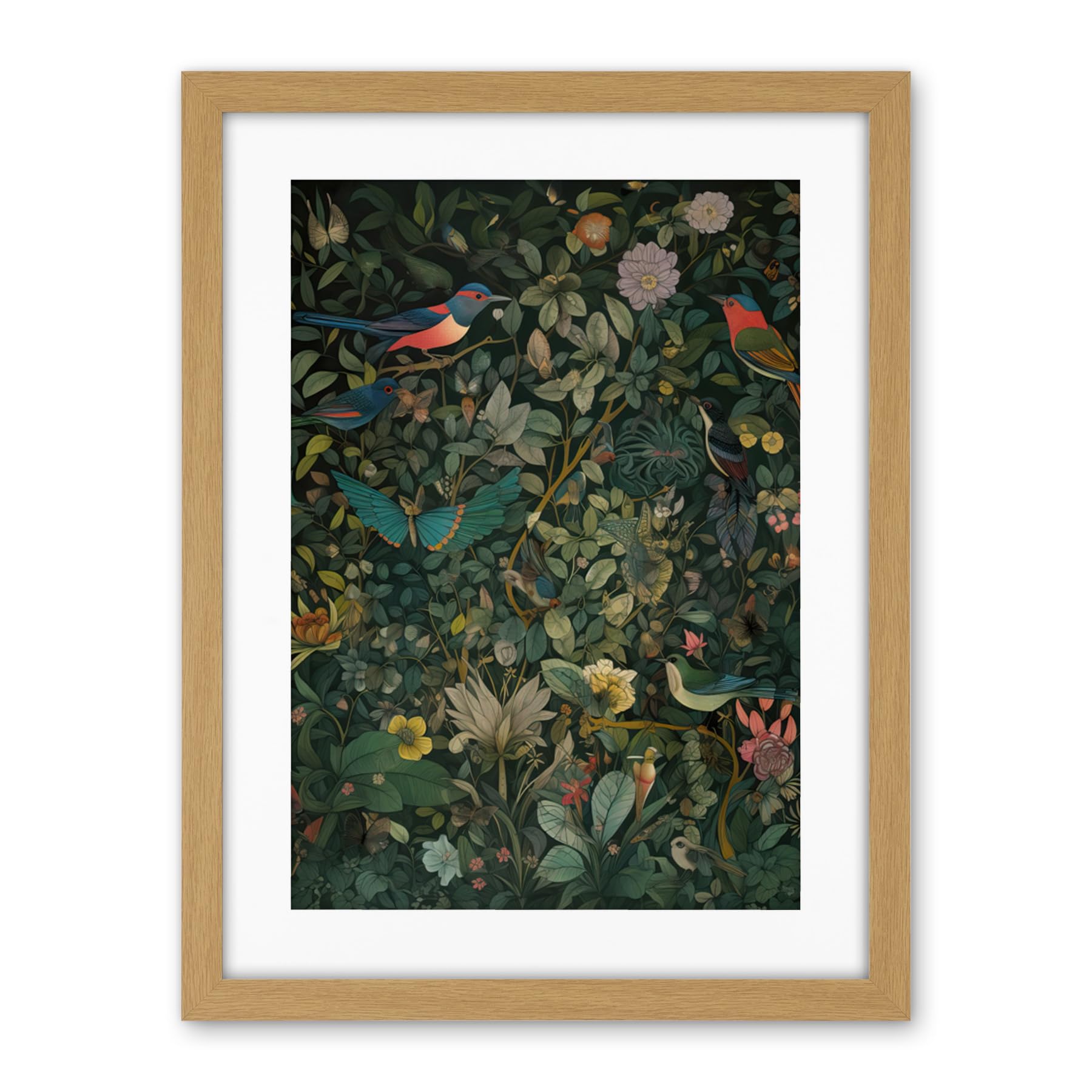 Artery8 Butterflies and Birds on Flowering Shrub Folk Art Artwork Framed Wall Art Print 18X24 Inch